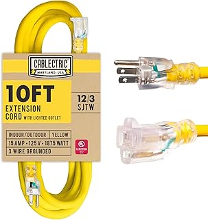 Cablectric 12 Gauge Outdoor Extension Cord 10 ft, 12/3 Heavy Duty Extension Cord 3 Prong Lighted End 10 Foot, SJTW Weatherproof Industrial Electrical Cable for Major Appliances, Proudly American Brand