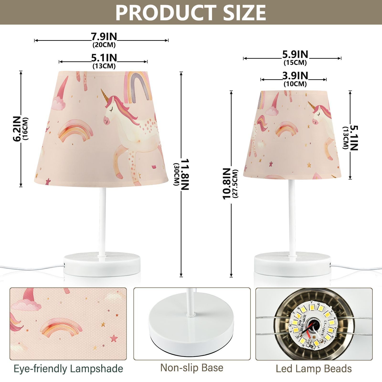 Mnsruu Lampe de chevet licorne arc-en-ciel cheval rose lampe de table ampoules LED lampe de bureau abat-jour en tissu pour chambre à coucher salon taille M