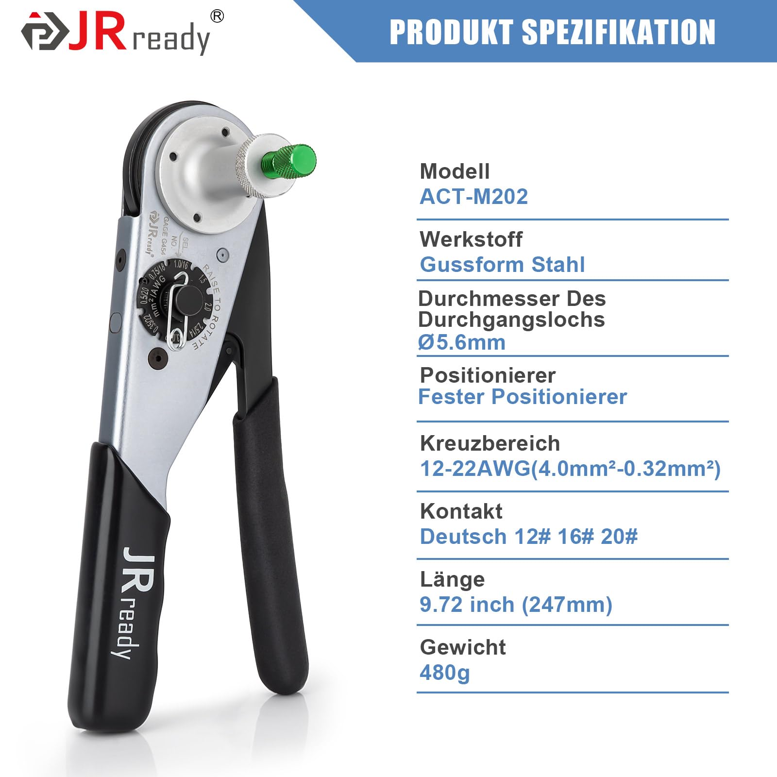 JRready ACT-M202 Herramienta de Engaste Deutsch para Contactos Sólidos de Calibre 12 16 20 Localizador de Conectores Herramienta de Engaste de una Pieza Equivalente HDT-48-00 Deutsch (12-22AWG)
