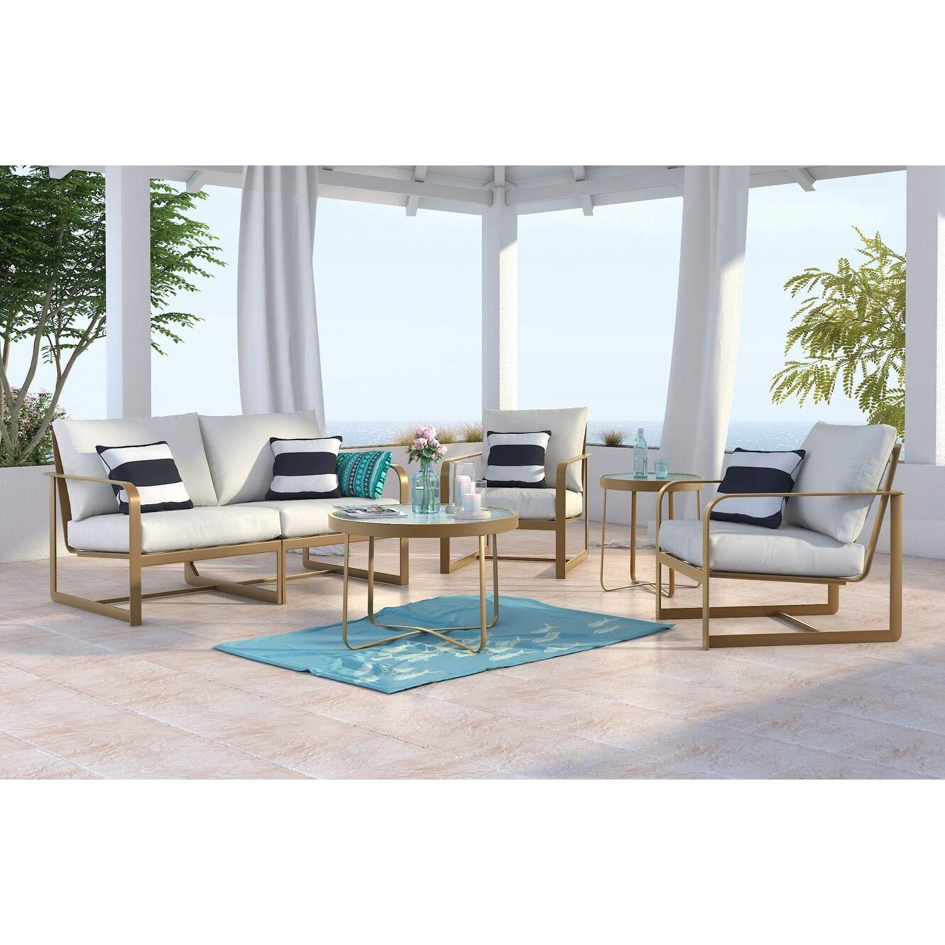Elle Decor Mirabelle Outdoor Ottoman in White and French Gold