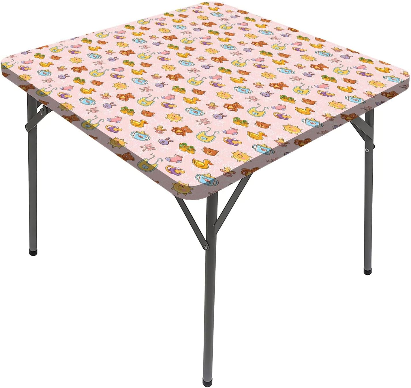 Baby Square Tablecloth, Infant Toys Teddy Bears Rubber Ducks Pacifiers with Square Dining Table Cover, Fits 36x36 inch Table, for Outdoor Indoor Holiday Picnic Party Cloth, Multicolor