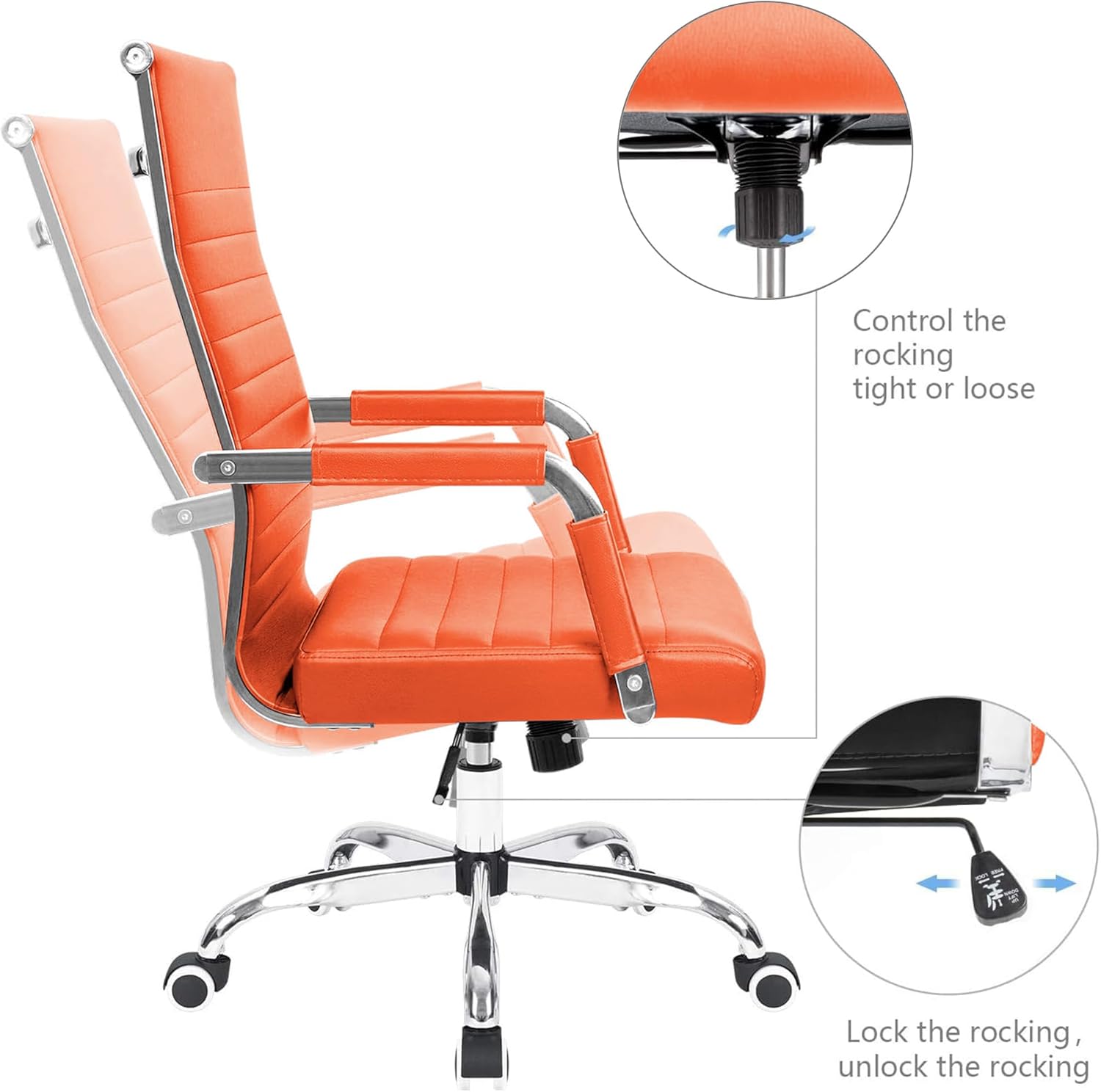 KaiMeng Ribbed Office Desk Mid Back Computer Chair Height Adjustable Conference Executive Task Swivel PU Leather (Orange)