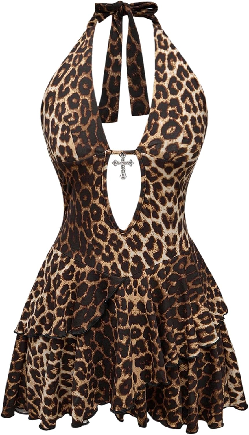 SOLY HUX Women's Plus Size Leopard Print Halter Dress Y2k Gothic Deep V Cheetah Tie Backless Layered Ruffle Mini Dresses