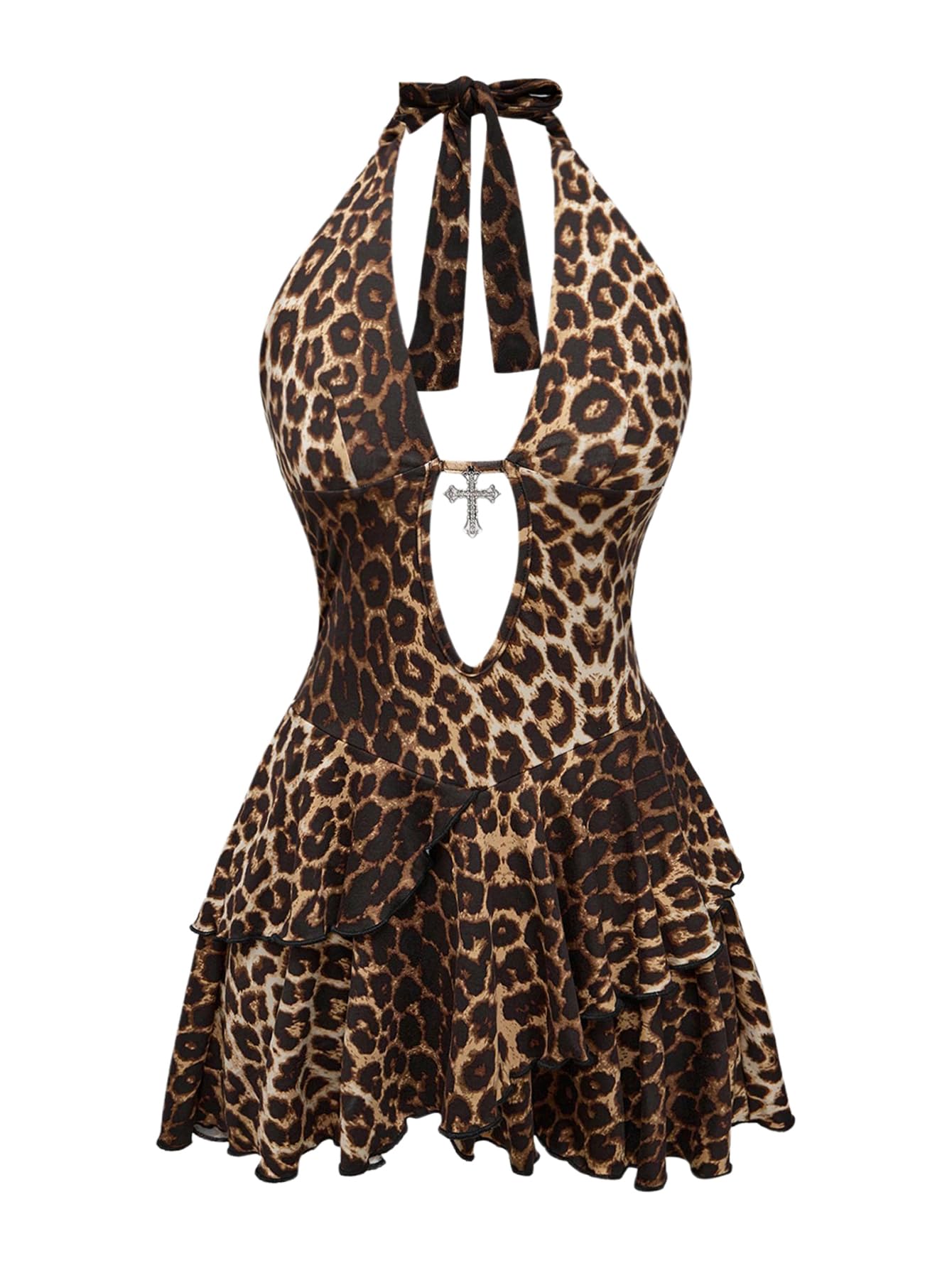 SOLY HUX Women's Plus Size Leopard Print Halter Dress Y2k Gothic Deep V Cheetah Tie Backless Layered Ruffle Mini Dresses: Small Pink Leopard
