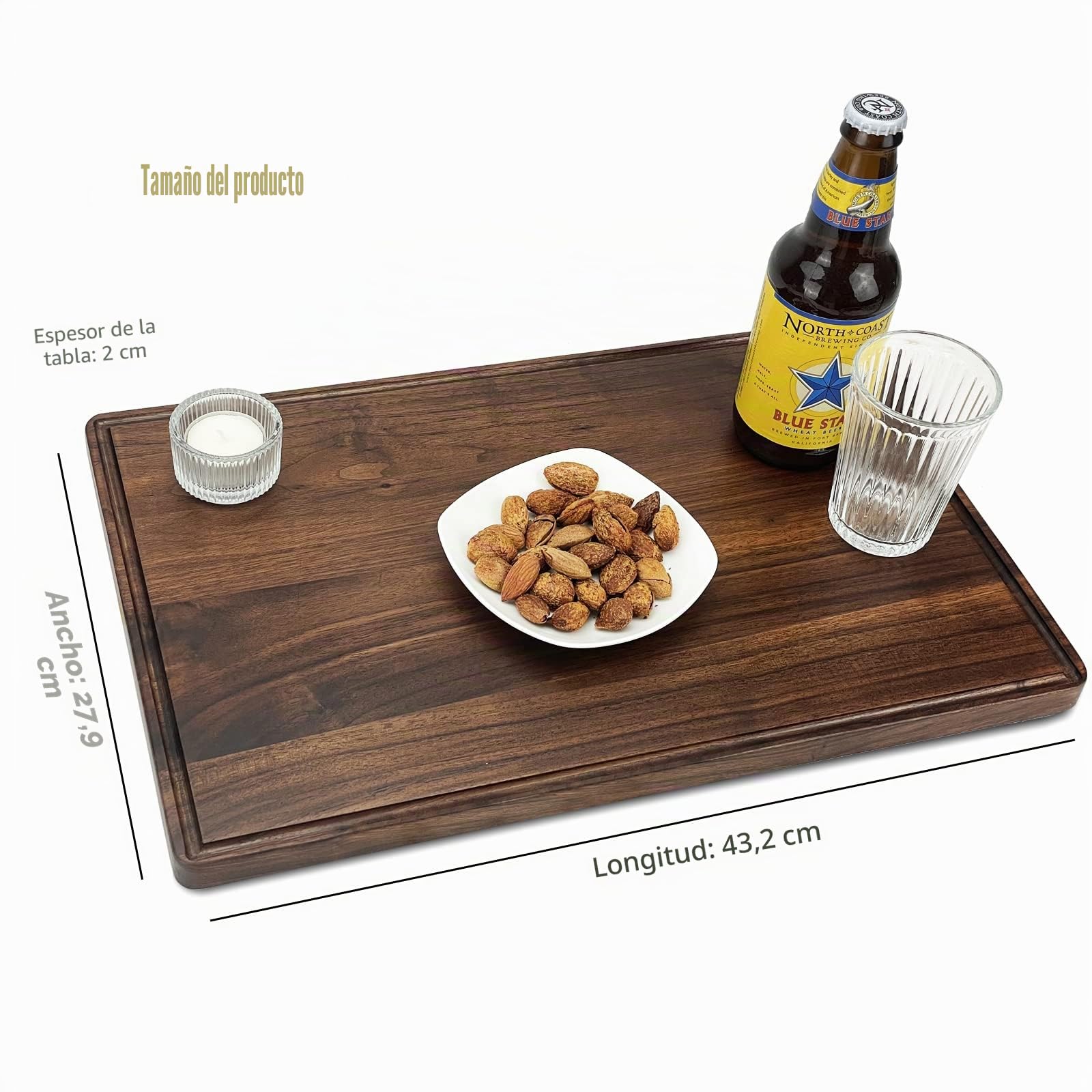 Tabla de cortar rectangular de madera de nogal para cocina, 43,2 x 28 cm