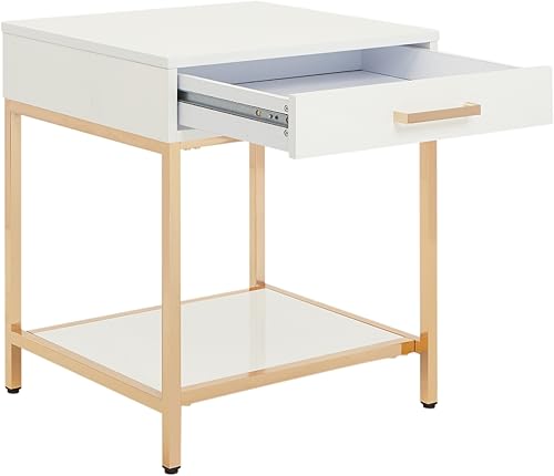 Miniatura 7 de OSP Home Furnishings Mesa auxiliar moderna Alios, acabado blanco brillante y marco dorado