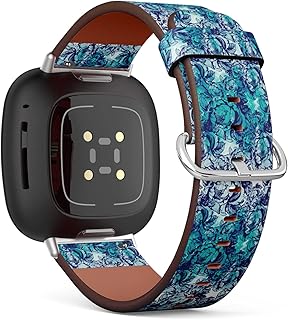 CJBROES Replacement Leather Watch Band, Compatible with Fitbit Versa 3 and Fitbit Sense of Wristband Bracelet Accessory - Flowers Leaves Peonies Watercolor