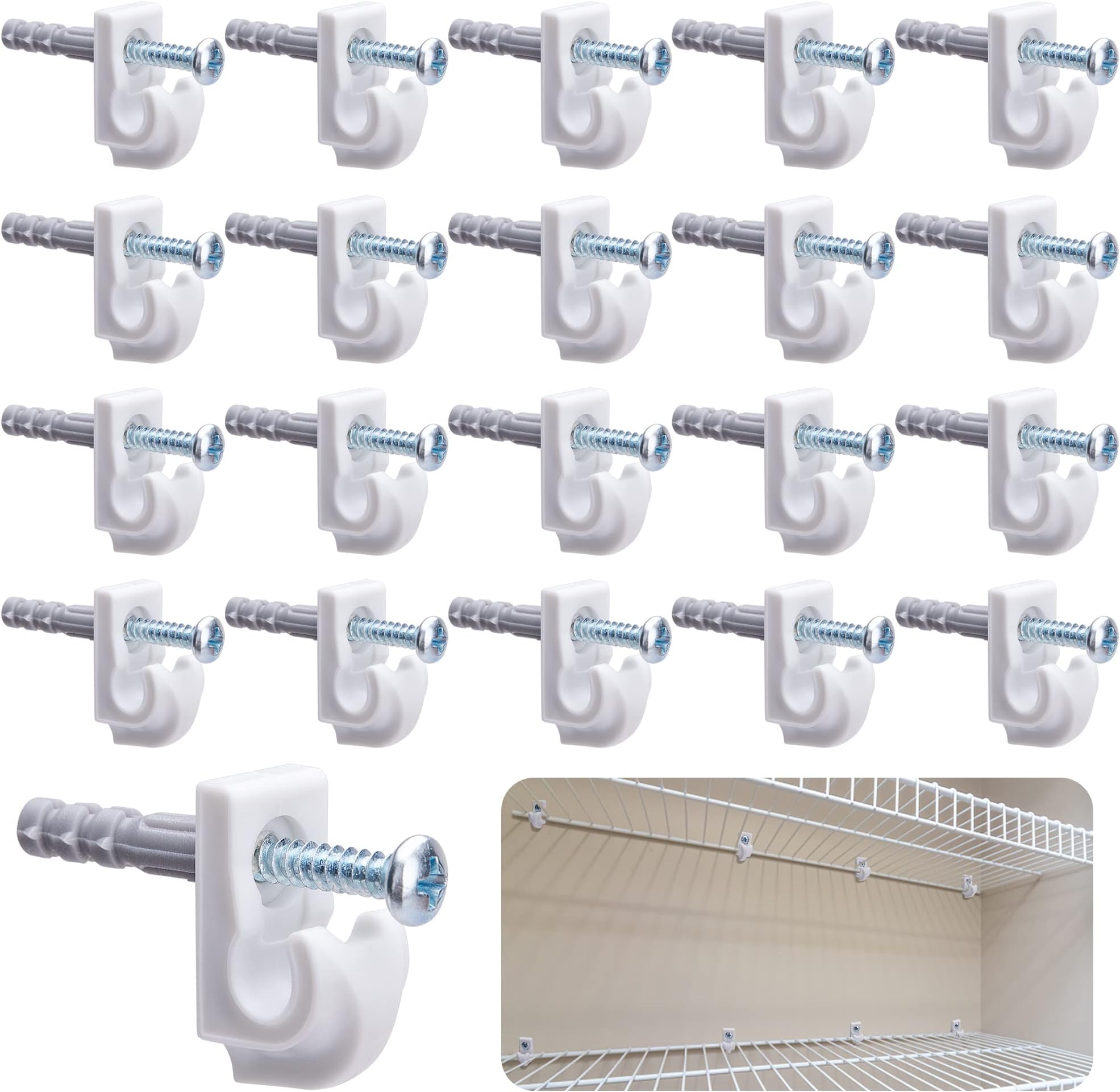 Sfcddtlg 25 Pcs White Down Wall Clips - Wire Shelf Brackets Loop Clips - Closet Maid Support Brackets - Plastic Shelves With Screws and Expansion Tubes for Wire Shelving