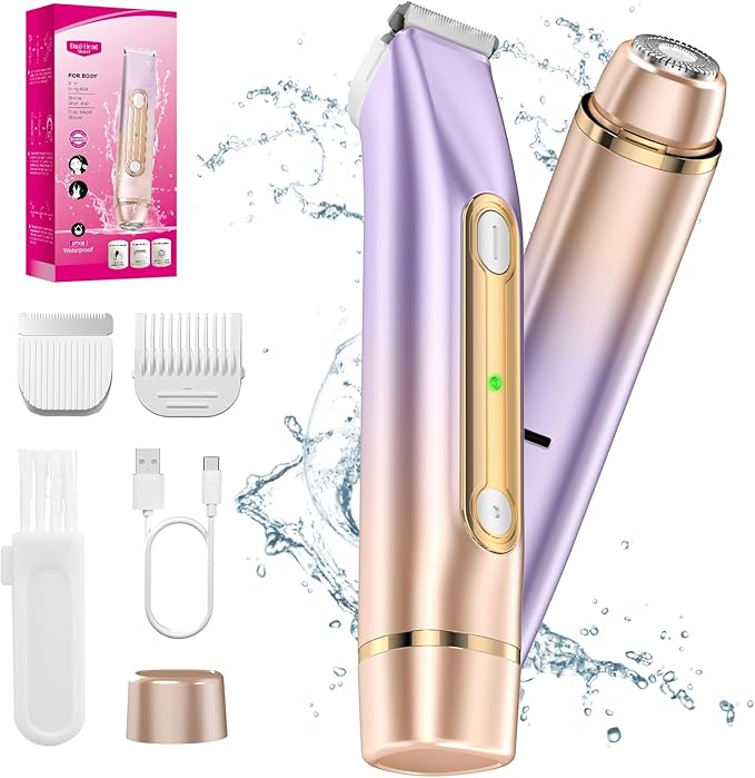 Bikini Trimmer for Women, 2-in-1 Painless Electric Razor for Body and Pubic Hair, IPX7 Waterproof Shaver with Dual Heads (Rosepink)