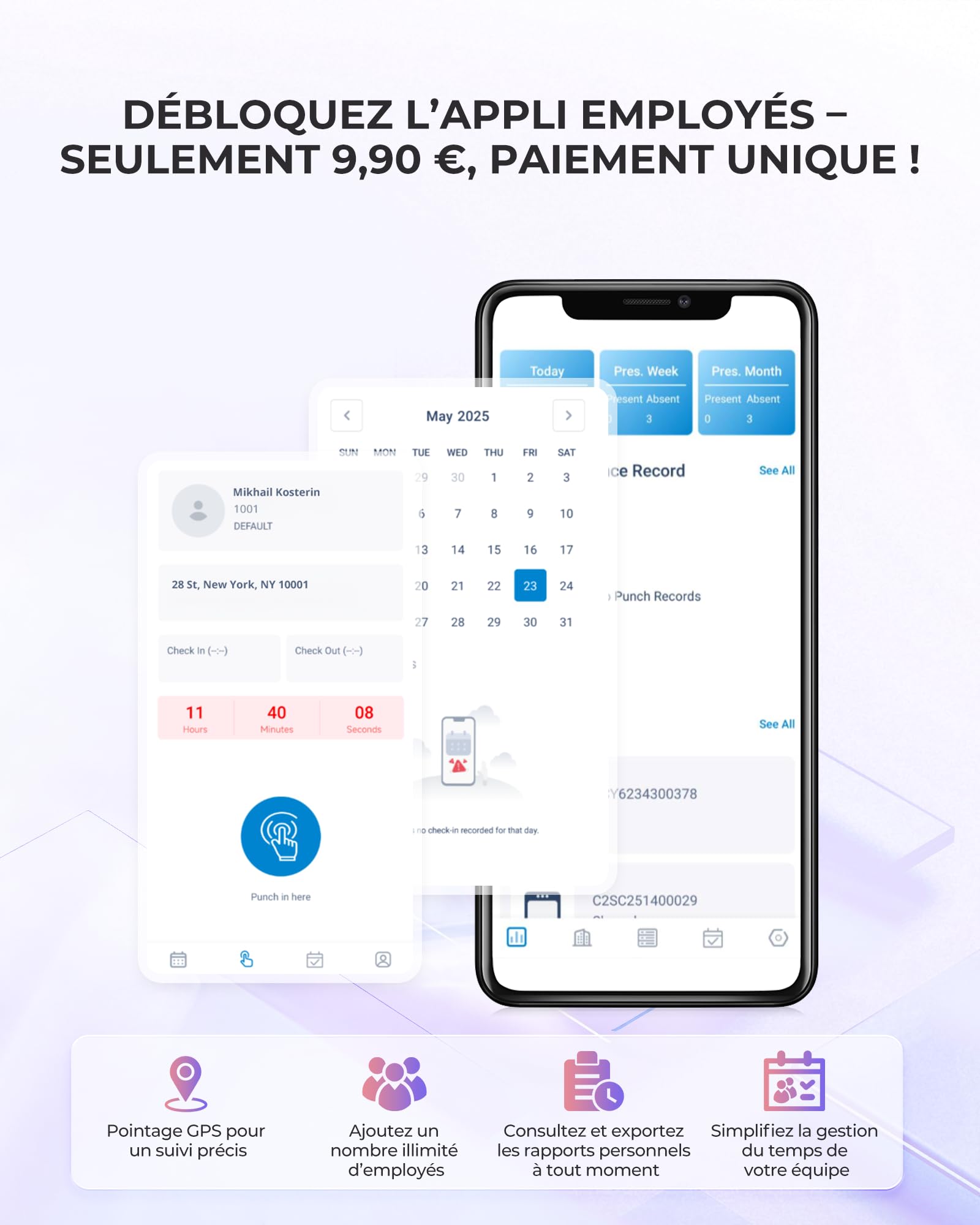 NGTeco Pointeuse Horaire Cloud - Pointeuse Biométrique WiFi 5GHz avec Application Mobile et Gestion Cloud, Contrôle à Distance (sans Abonnement Mensuel) pour PME