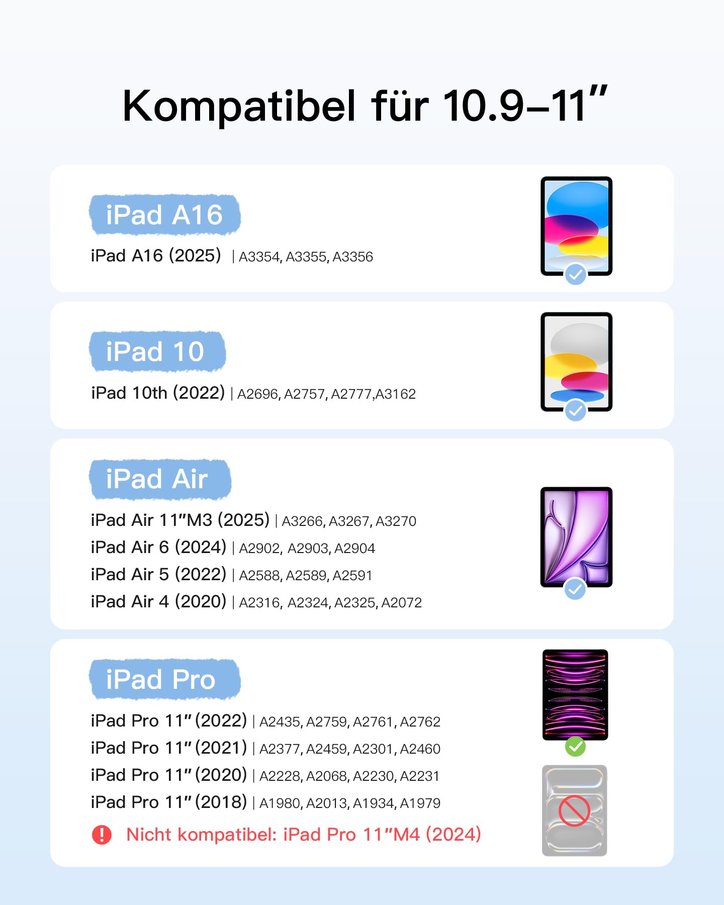 Inateck Etui z klawiaturą, ultralekka klawiatura do iPada 10 generacji, iPad Air 6 11" 2024, iPad Air 5/4 10,9", iPad Pro 11 4/3/2/1 generacji, zdejmowane, z touchpadem, QWERTZ, KB04122