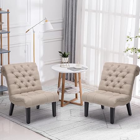 Yongqiang Accent Chairs for Living Room Set of 2 Upholstered Tufted Bedroom Chairs Curved Armless Side Chairs with Wood Legs Linen Fabric