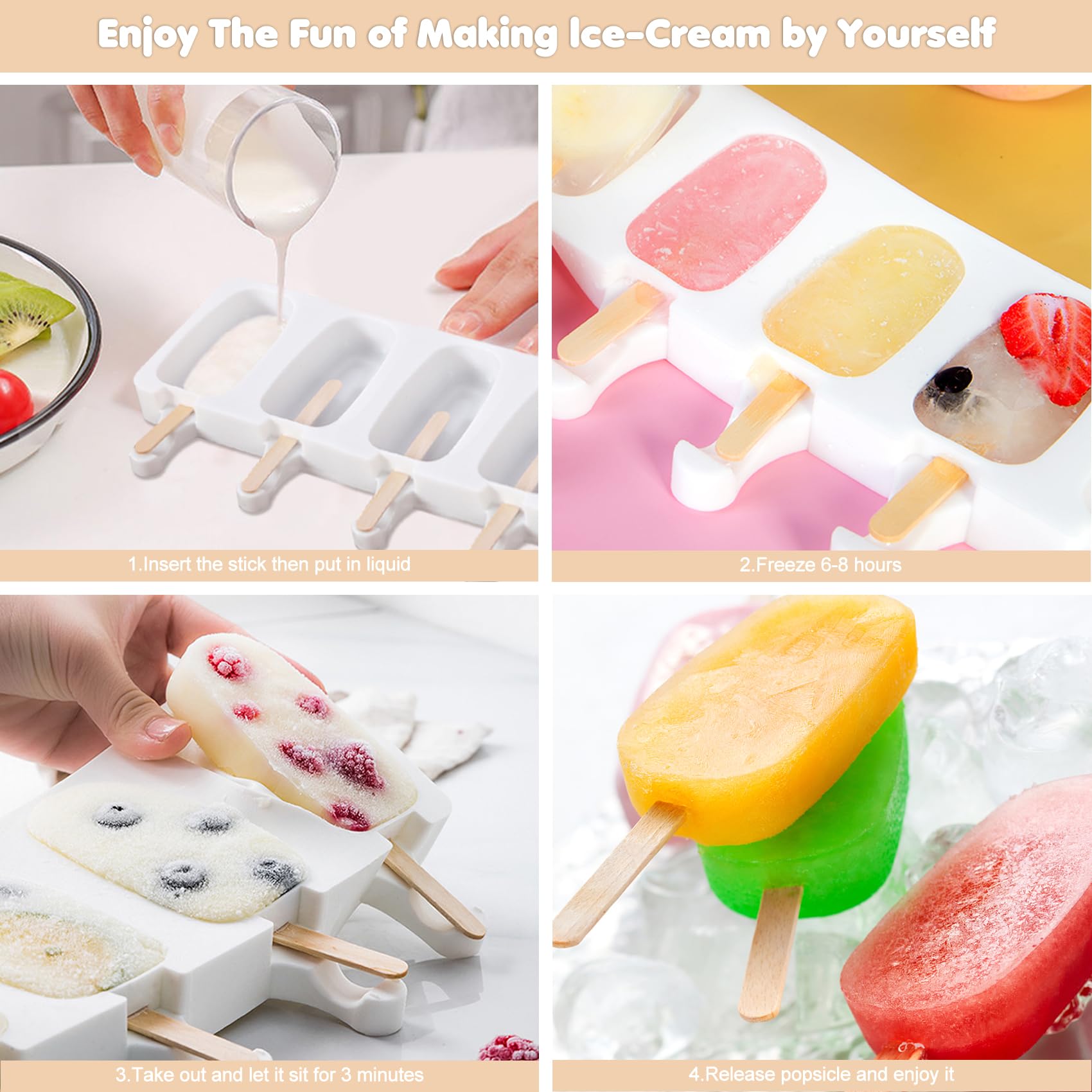 Ventdest Moule à Glace Silicone 8 Cellules - 200 Bâtonnets + 2 Couvercles, Popsicles Et Cakesicles DIY Silicone Qualité Alimentaire Sans Bpa Ventdest Moule à Glace Silicone 8 Cellules - 200 Bâtonnets + 2 Couvercles, Popsicles Et Cakesicles DIY Silicone Qualité Alimentaire Sans Bpa