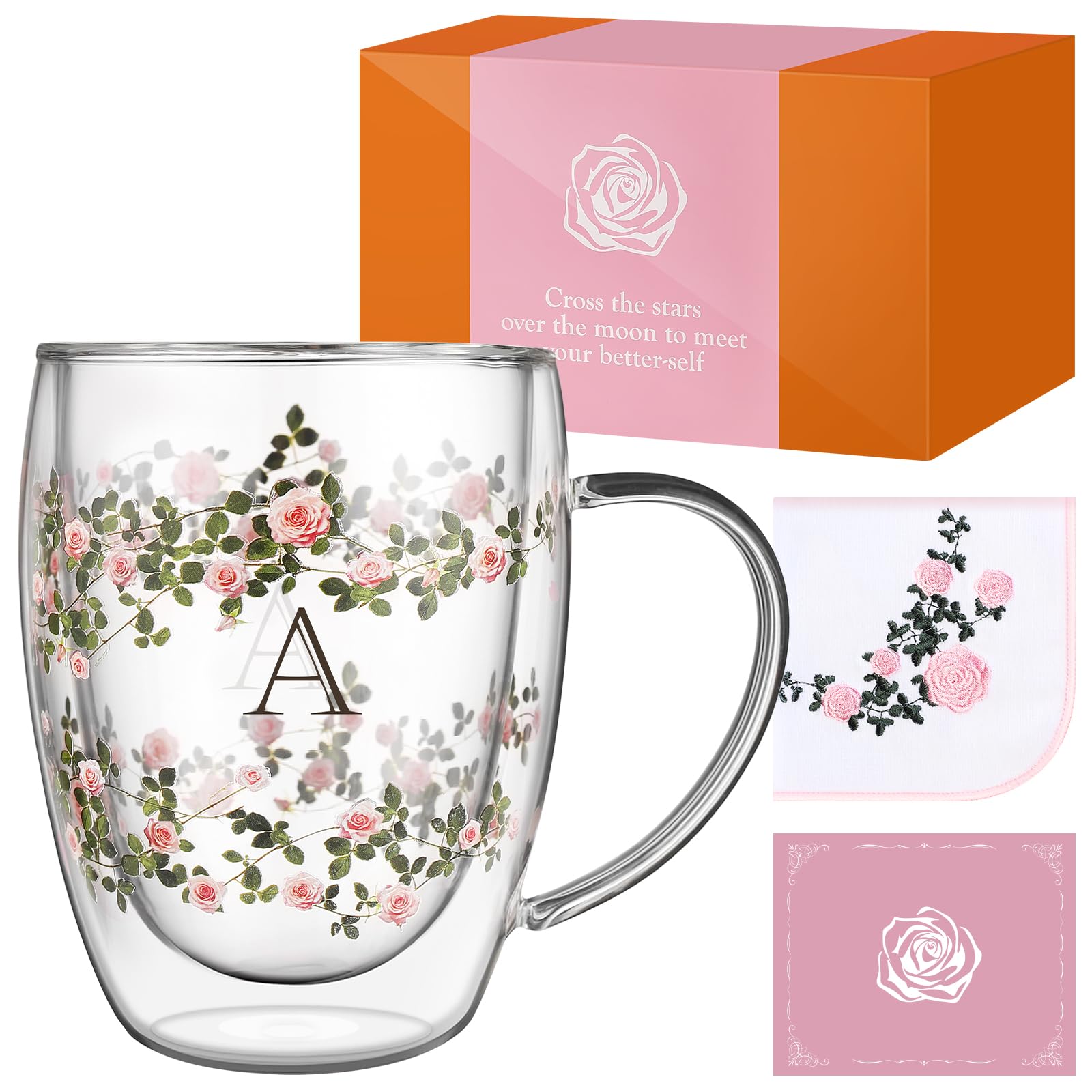 Coffee Cup, Birthday Gift, Women's, Double Wall Glass, "Eden Rose", Personalized Initial, Heat Insulated, With Handle, Stylish Floral Pattern, Hand Towel Included, Message Card, Cosmetic Box, Mother's