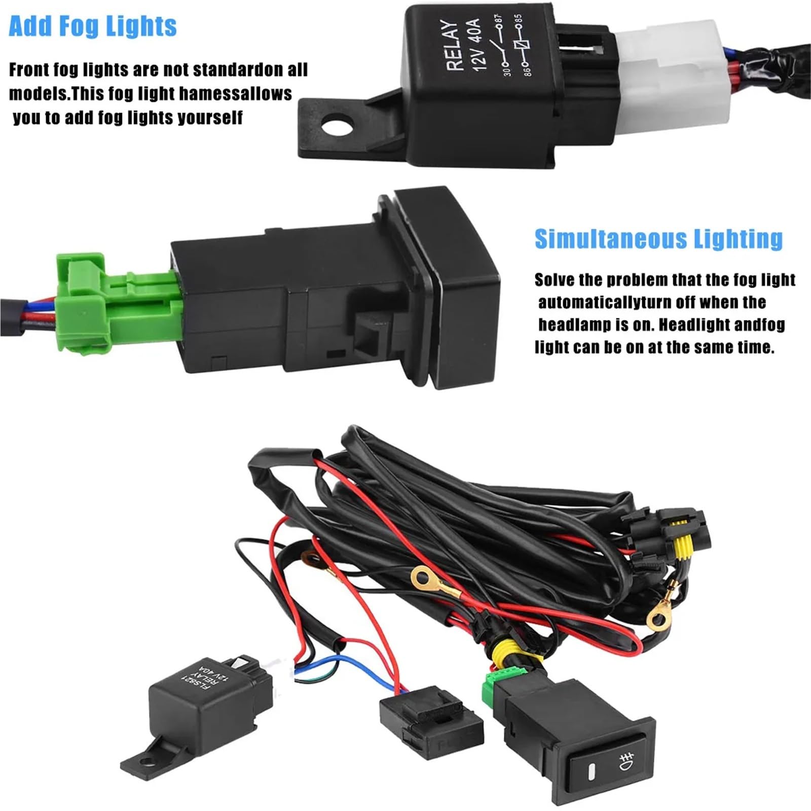 Kit de cableado for faros antiniebla H10, H12, HB3 y HB4 con conector, relé de 40 A e interruptor de encendido/apagado (1 unidad).