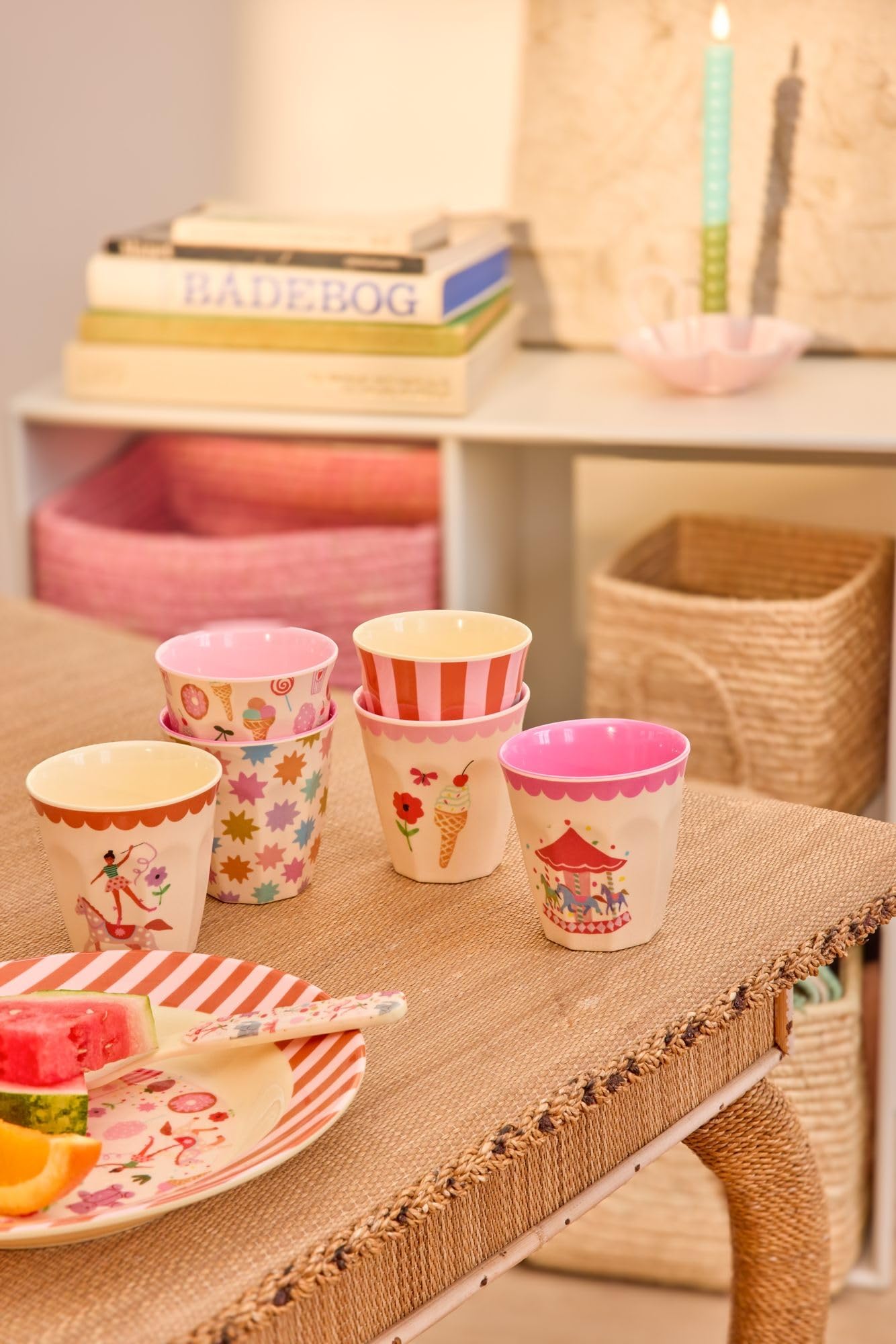 Rice kleine Melamin Becher Kinderbecher - Pink - Fun Fair Print - 6er Pack Becherset BPA-frei