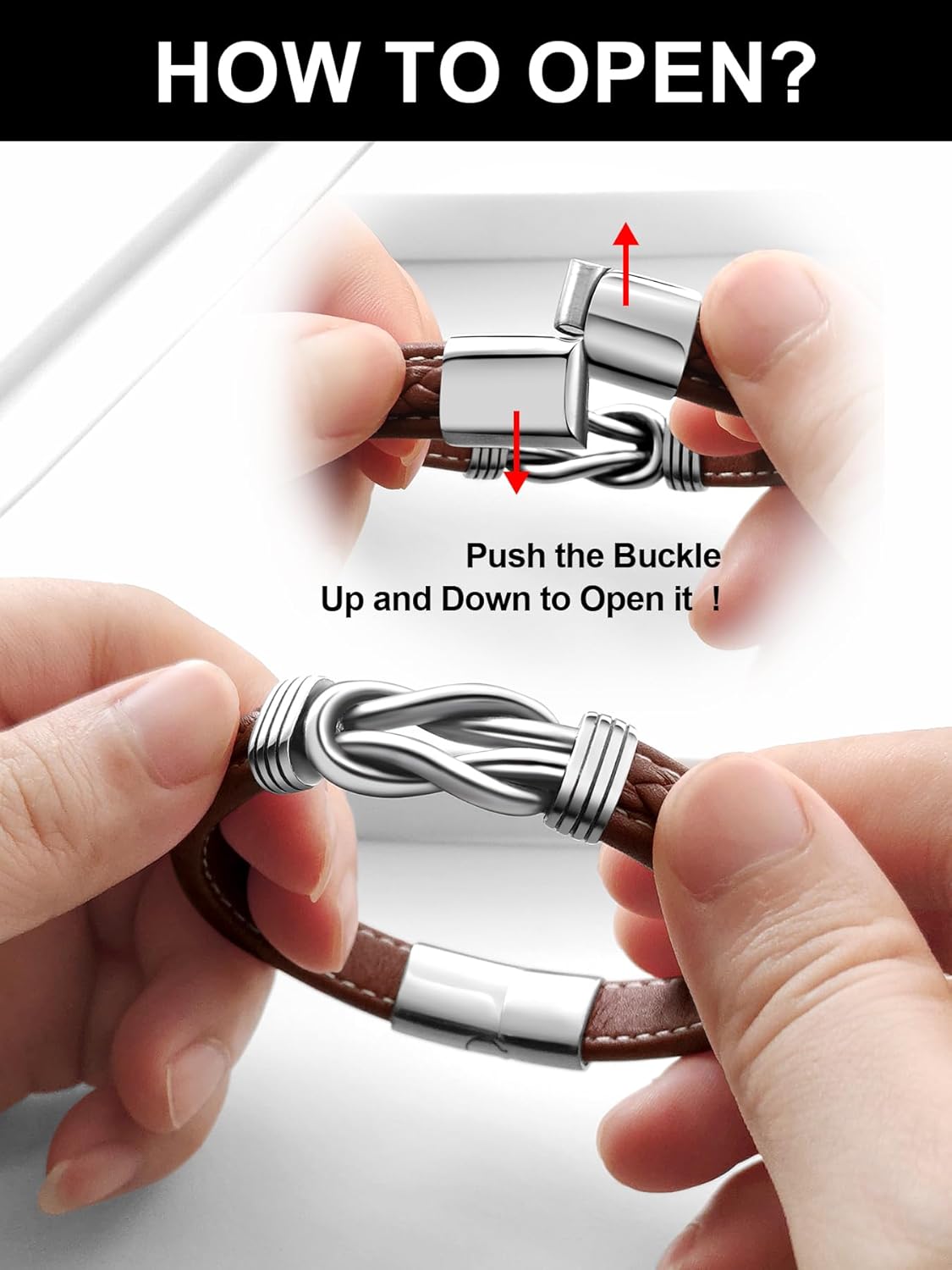 Mens Black Braided Leather Bracelet, Green/Red/Brown/Black Braided Leather Infinity Knot Bracelets for Men with Stainless Steel Clasp, 7.5/8.5/9in Length - Image 3