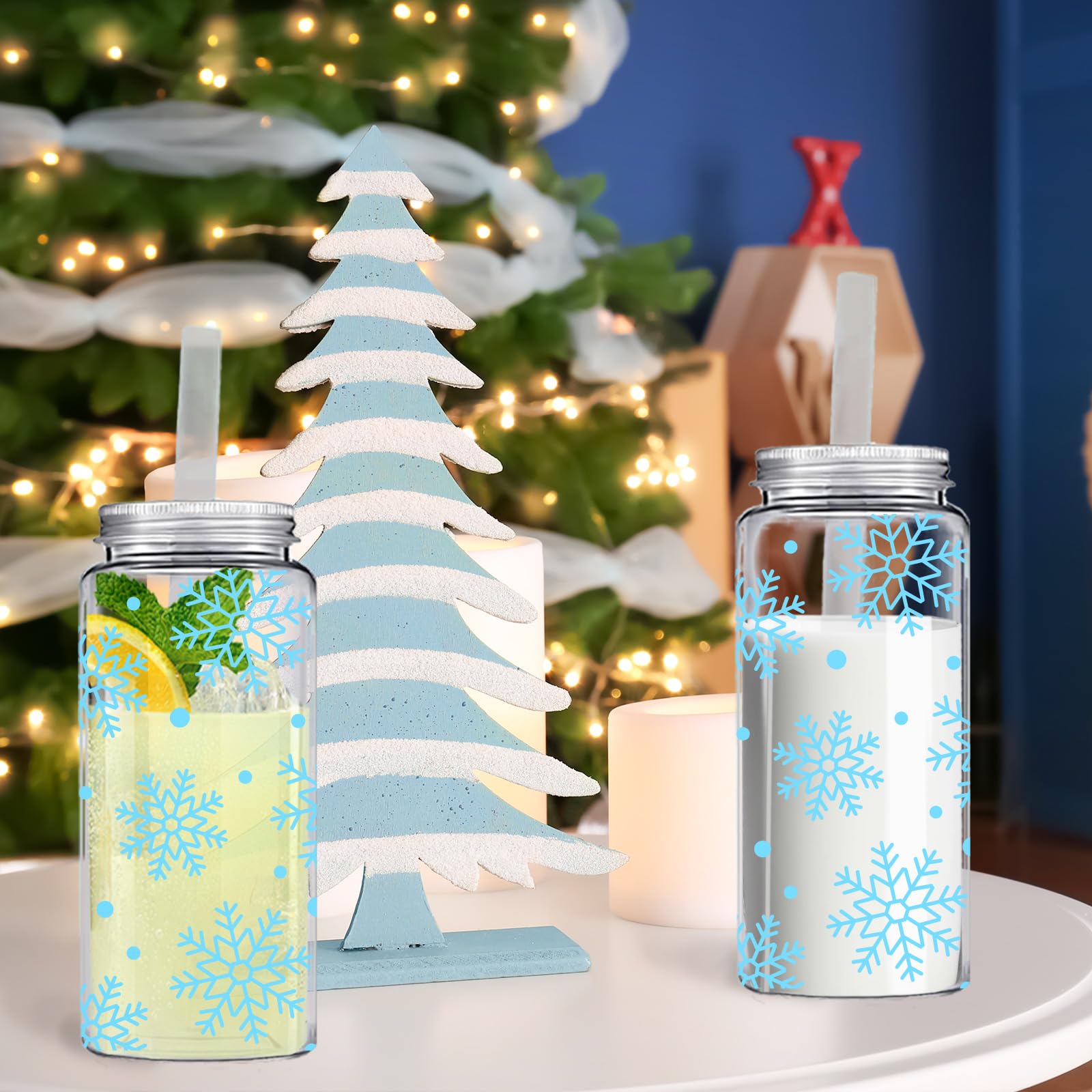 Whaline 20 bicchieri di plastica con fiocco di neve blu invernale con coperchi e cannucce, riutilizzabili, per feste di Natale, forniture per feste di Natale