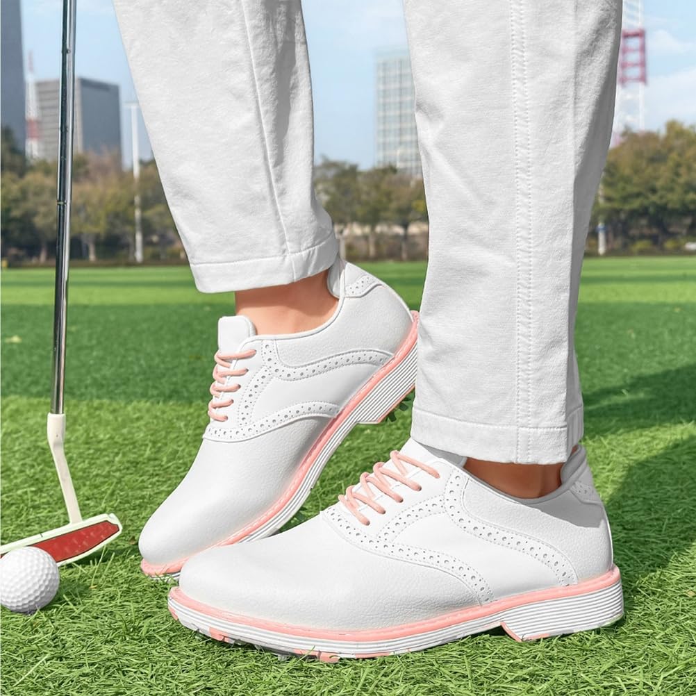 SDEQA Chaussures de Golf imperméables pour Femmes avec 9 Crampons, Baskets de Golf en Cuir pour golfeuses, Taille Plus