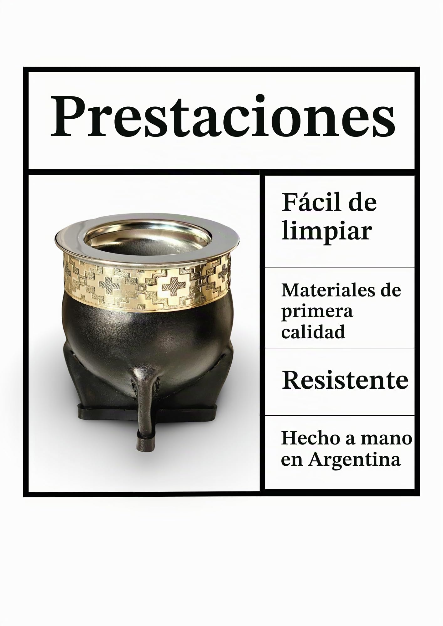 Taza Mate Imperial Argentino Premium - Hecho de Acero Inoxidable Térmico - Exterior Cuero Negro con Plata Alemana - Calabaza Yerba Mate Moderna - Incluye Bombilla de Regalo.