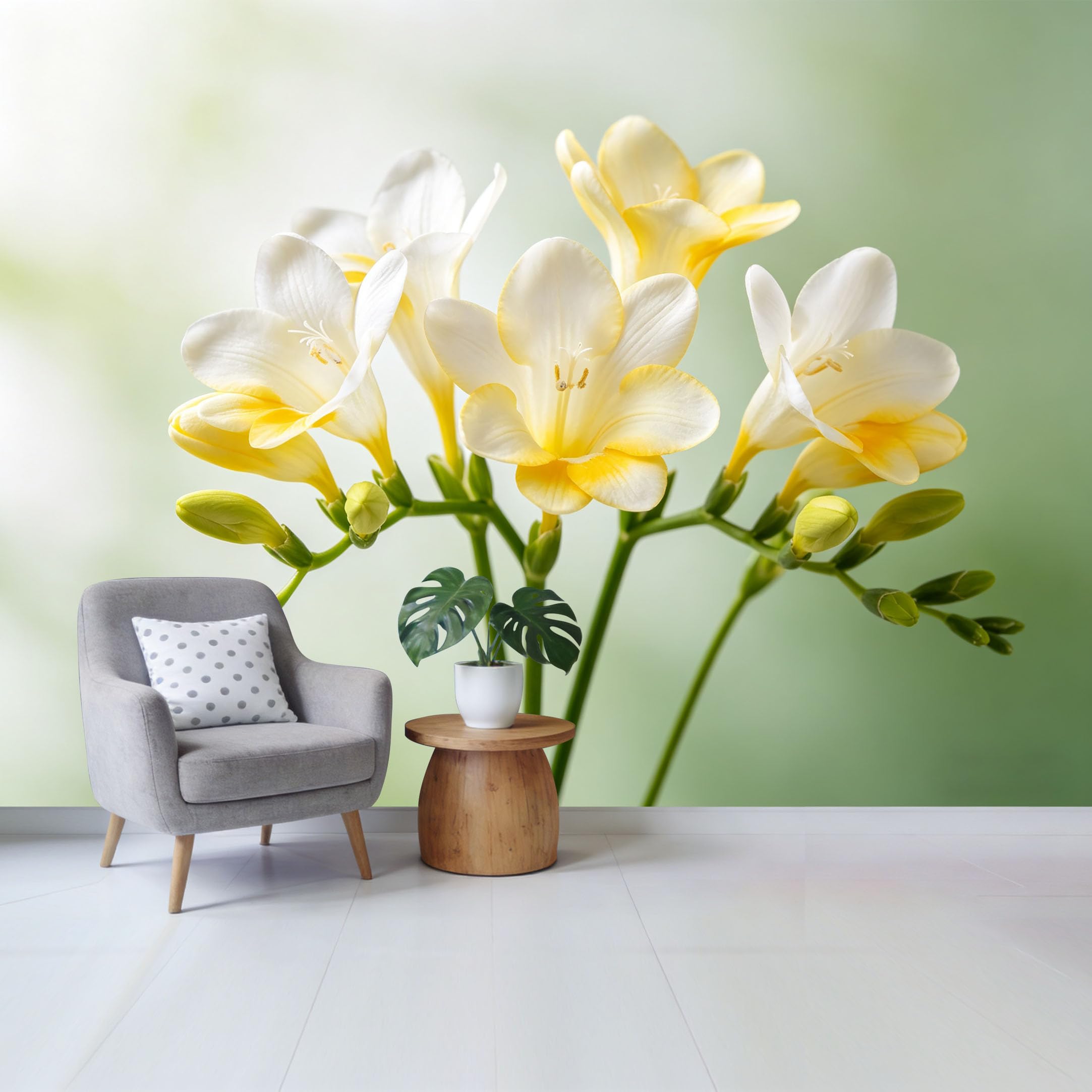 Qzlithotic Yq2605250267 Custom Size Wall Mural Elegant Yellow Freesia Flower Botanical Watercolor Soft Green Background Selfadhesive Wall Fabric Removable Wallpaper For Home Office Decor