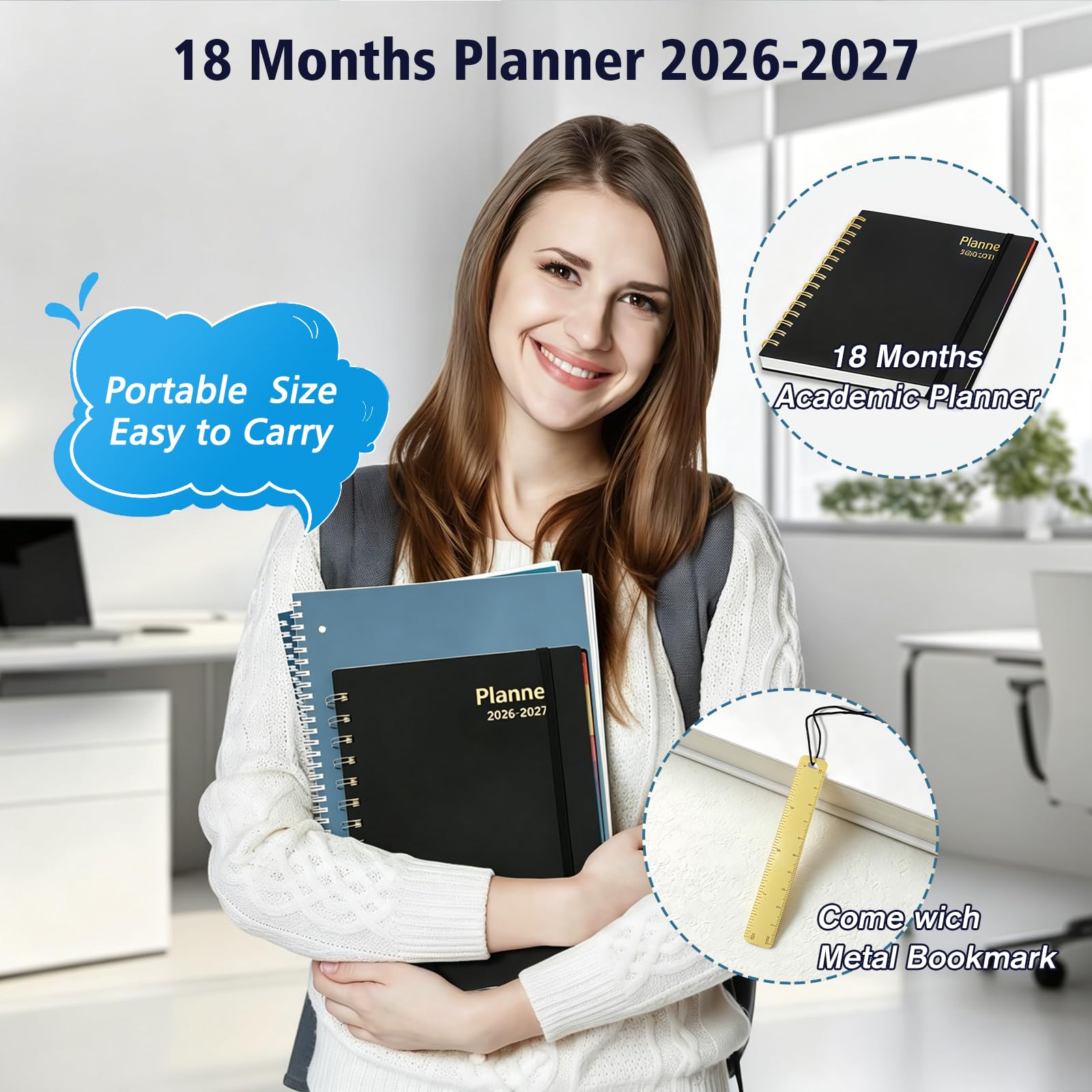 Tagesplaner 2026-2027, 18-Monatsplaner mit Registerkarten, Januar 2026-Juni 2027, Wochen- und Monatskalender, Spiralzeitmanagement, 100 g/m² dickes Papier, Doppeldrahtbindung, A5, Schwarz