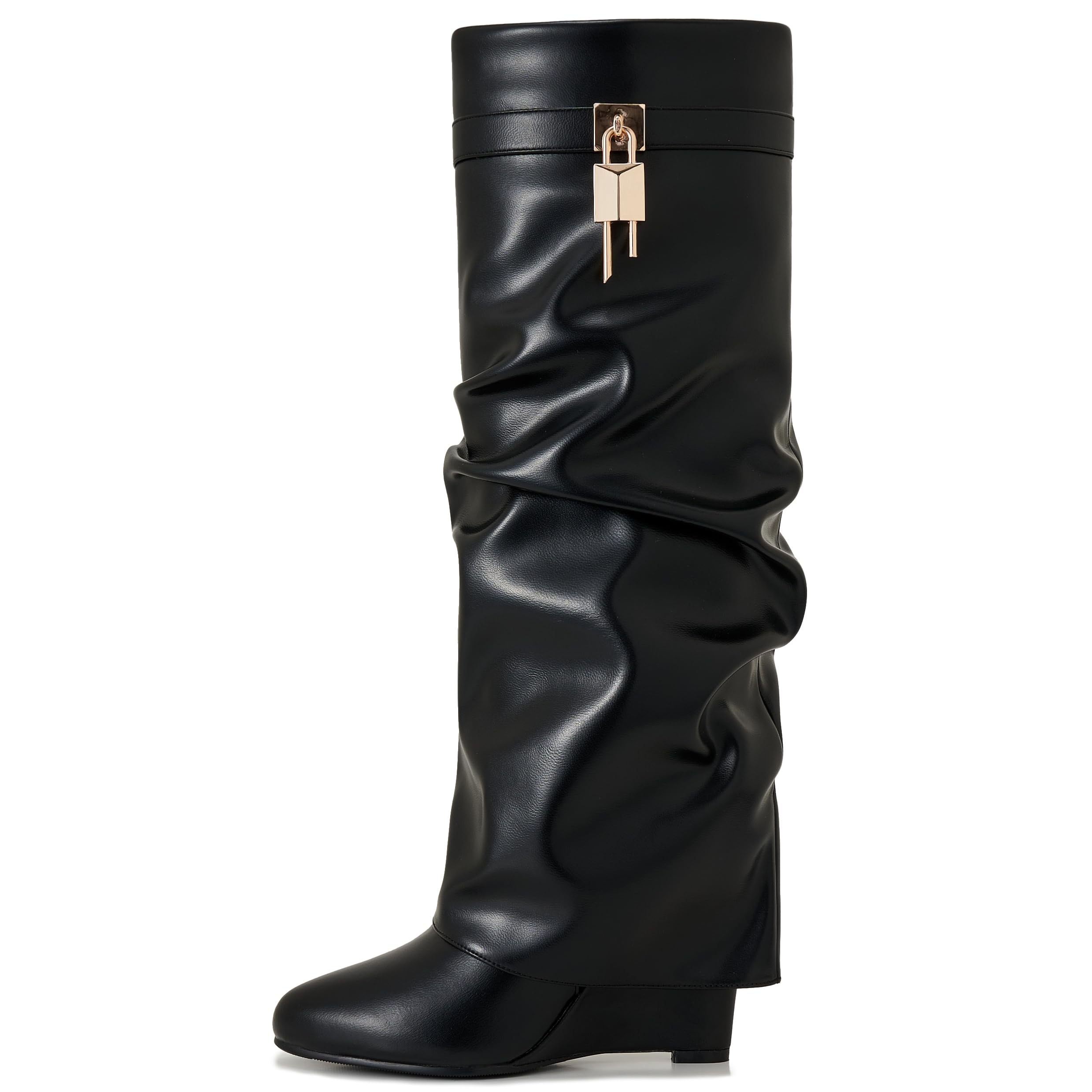Women's Fold Over Knee High Shark Boots Wedge Heel Side Zipper