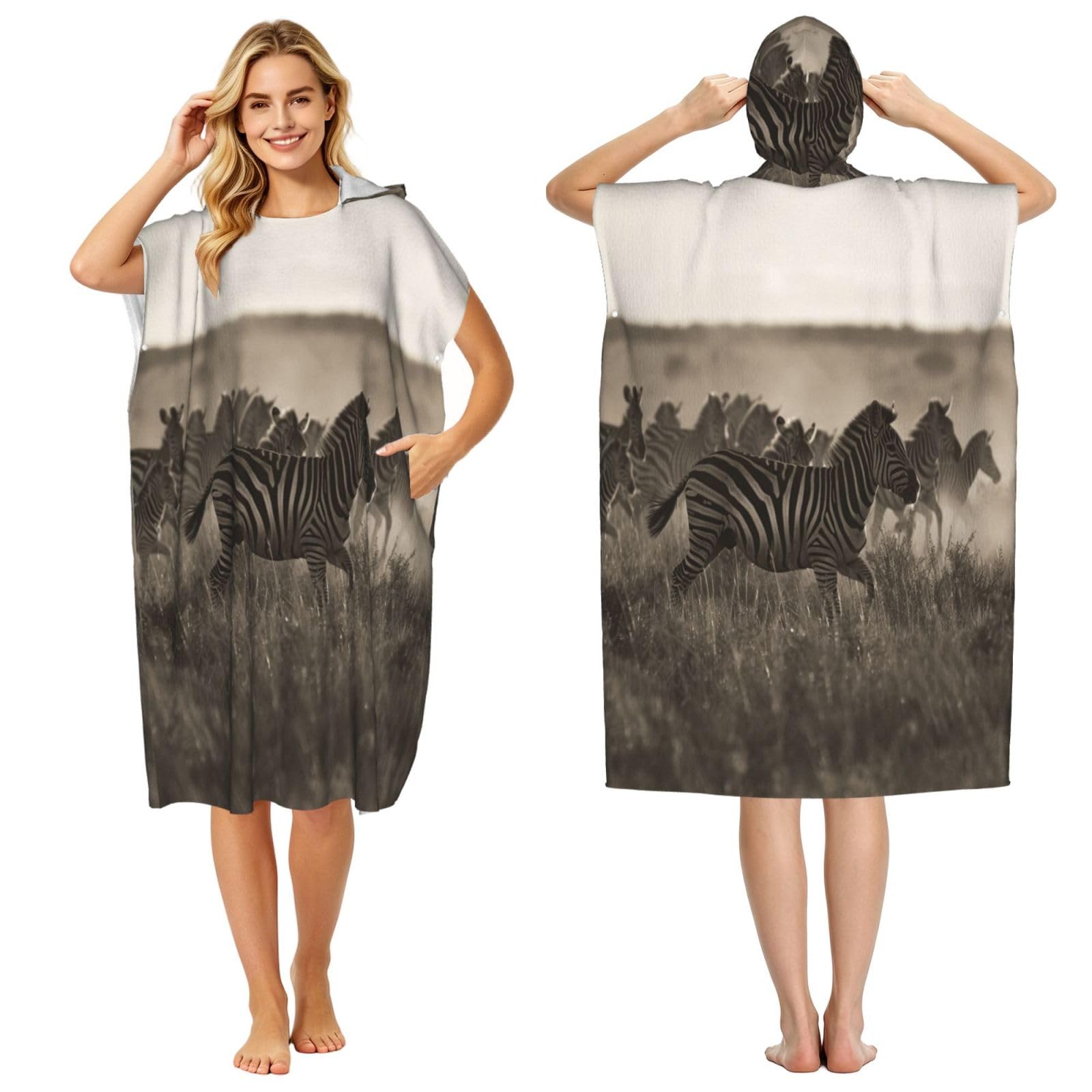 KLGRTJHK Zebra On The Grassland Adult Hooded Beach Poncho Towel 43"X35"