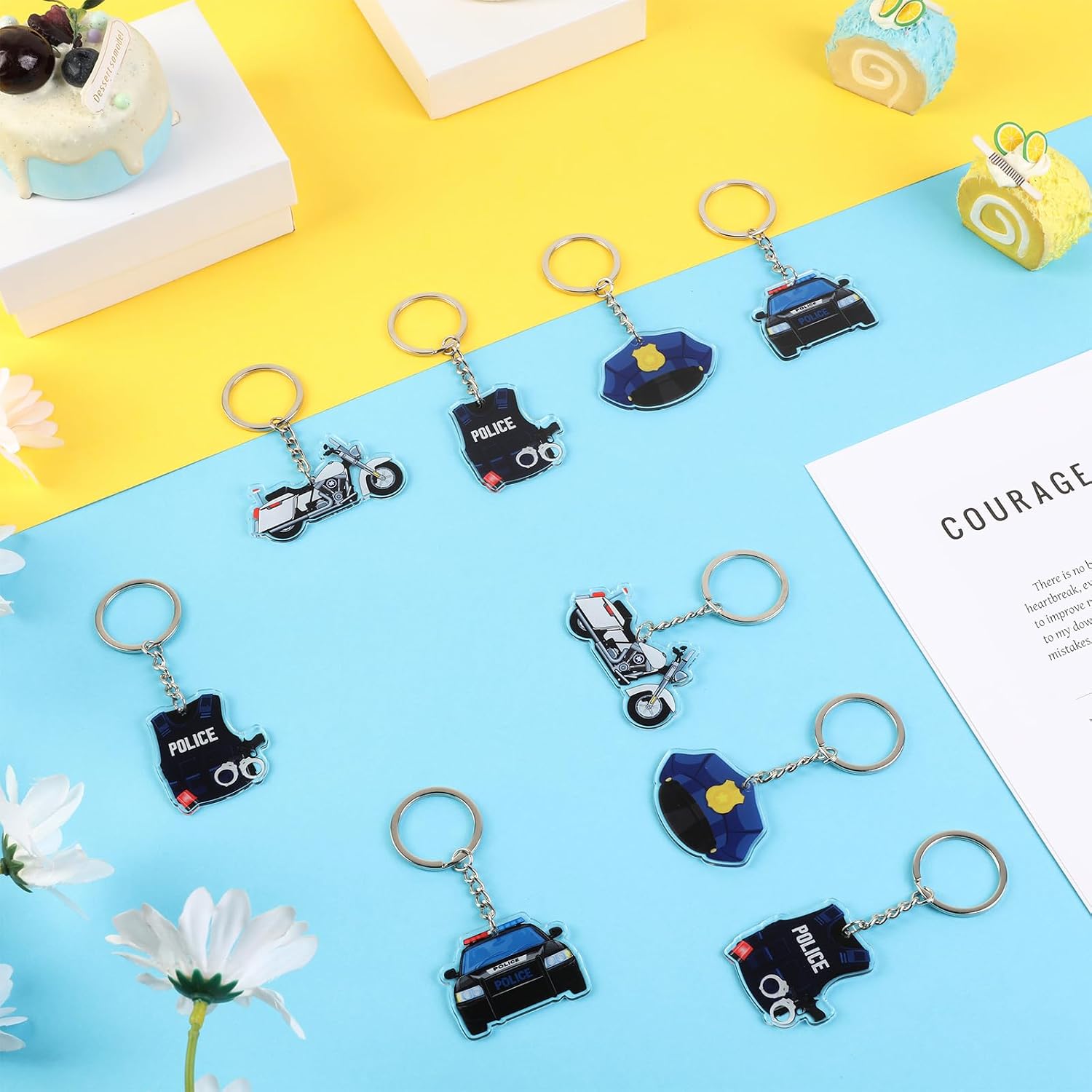 Serencatcher 12pcs Police Keychain Party Favors, Police Car Motorcycle Uniform Officer Hat Double-Sided Acrylic Keyrings for Birthday Baby Shower Officer Appreciation Gifts image 3