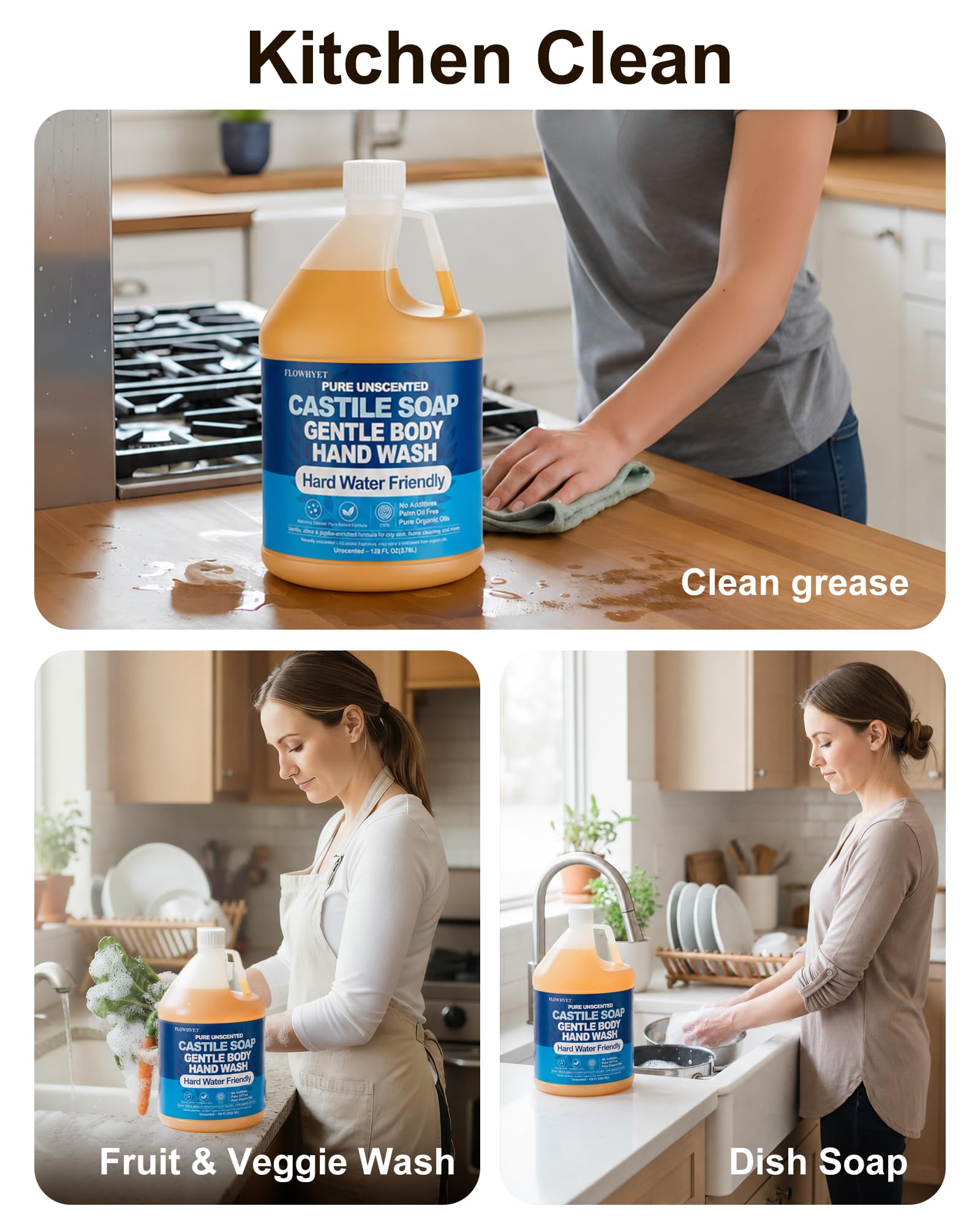 FLOWHYET EWG Verified Pure Castile Soap Liquid, Unscented, 1 Gallon