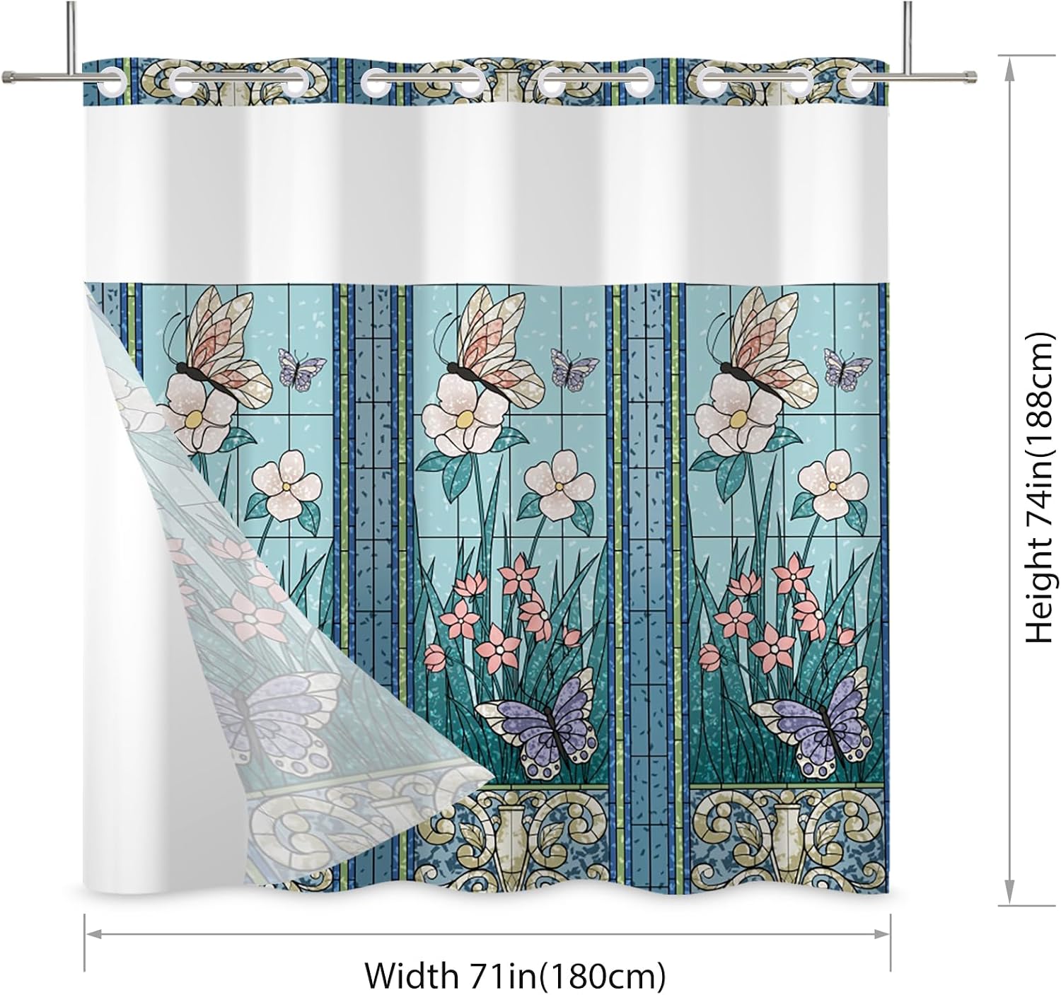 No Hook Shower Curtain,Blue Butterfly Garden Double-Layered Shower Curtain with Snap-in Liner and Weights,Fabric Bath Curtain with See Through Mesh, 71x74in
