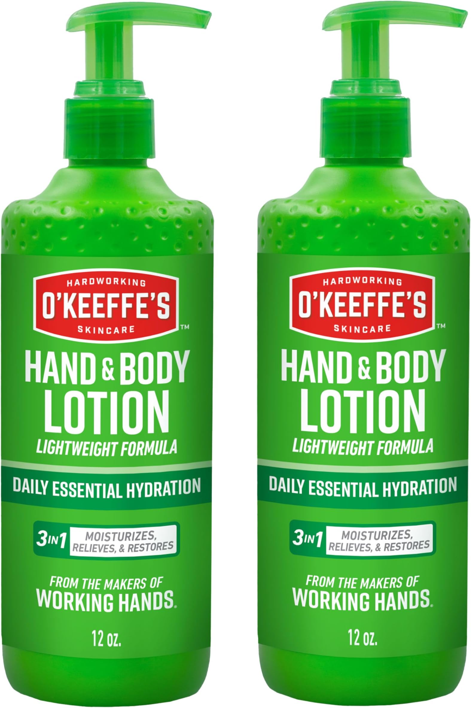 OโKeeffeโs Hardworking Body Lotion, Daily Hydration for Dry Skin, 12 oz Pump (2 Pack) Non Greasy & Unscented, Lightweight Fast Absorbing Formula