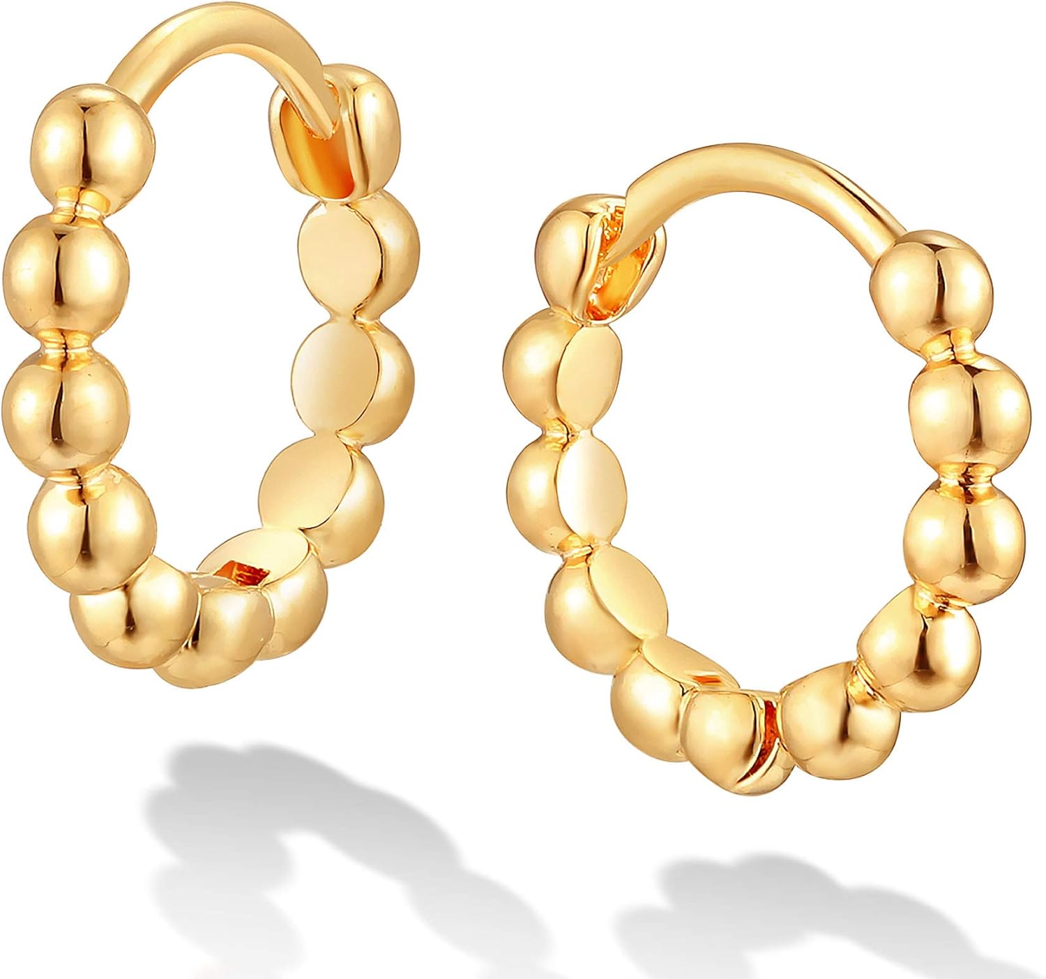 Dremmy Studios Dainty CZ Huggie Hoop Earrings 14K Gold Plated Chunky Simple Cute Thick Round Frill Bead Ball Starburst Cuff Earrings Cubic Zirconia Hoop Earrings Minimalist Personalized Gift for Her