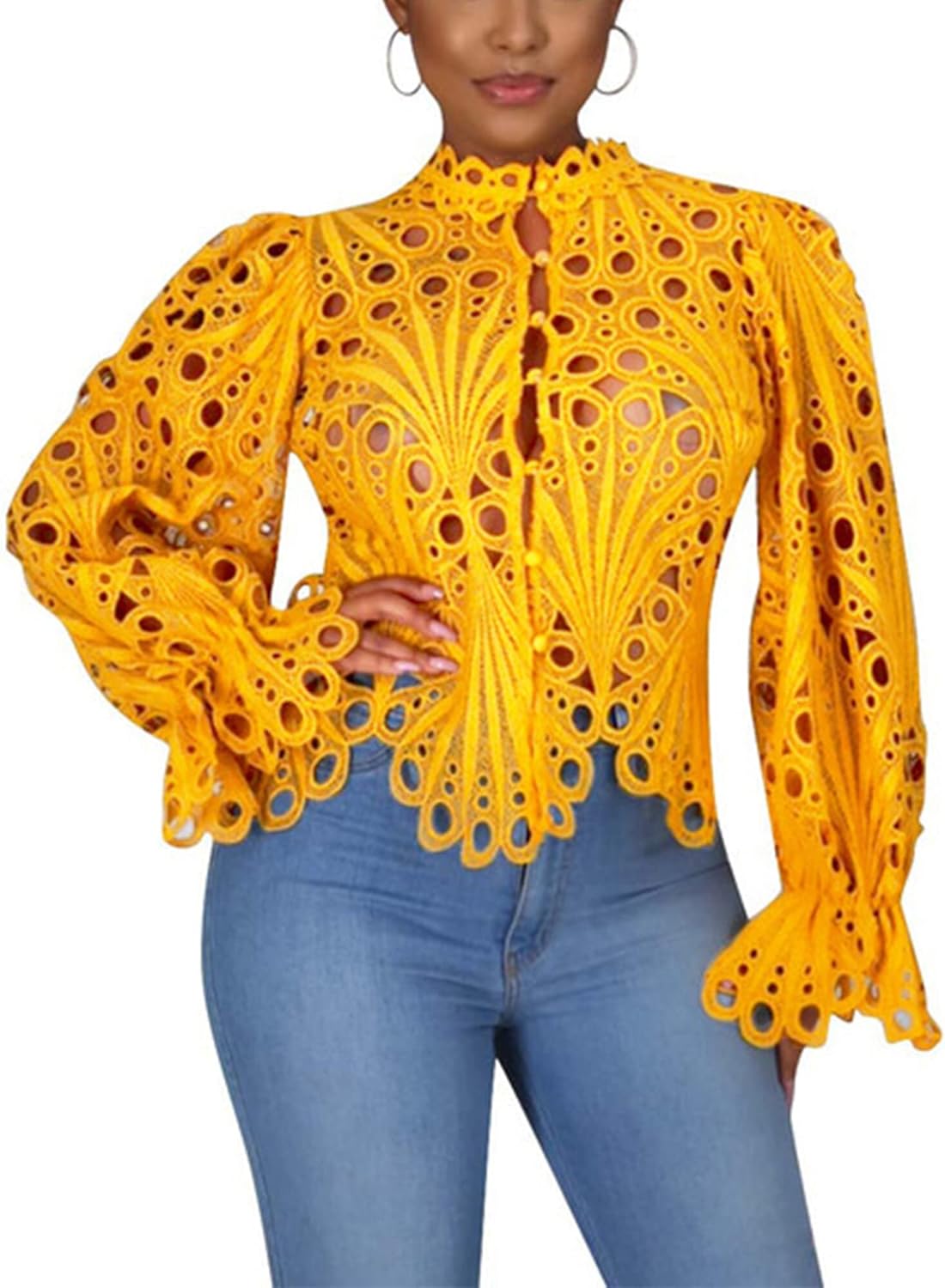 Doweha Women’s Sexy Ruffle Long Sleeve Summer Lace Tops 2026 Puff Flare Shirt V Neck Hollow Out Button Down Tunic Blouses