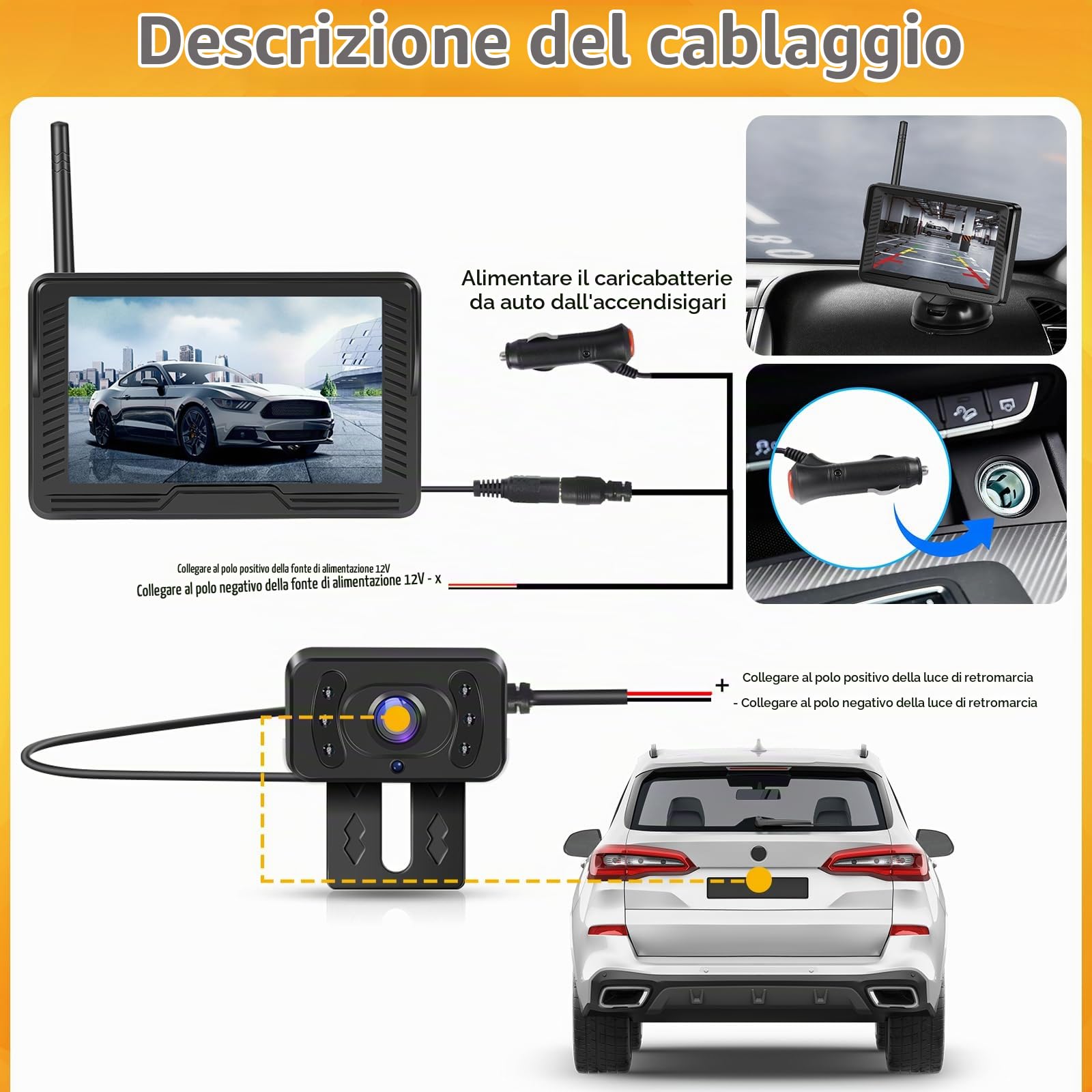 Podofo Wireless Telecamera Retromarcia AHD Con Monitor da 5 '' Digitale IP69 Visione Notturna Impermeabile Ventosa Grandangolare Facile Installazione Con Macchina Fotografica Della Targa DC12V