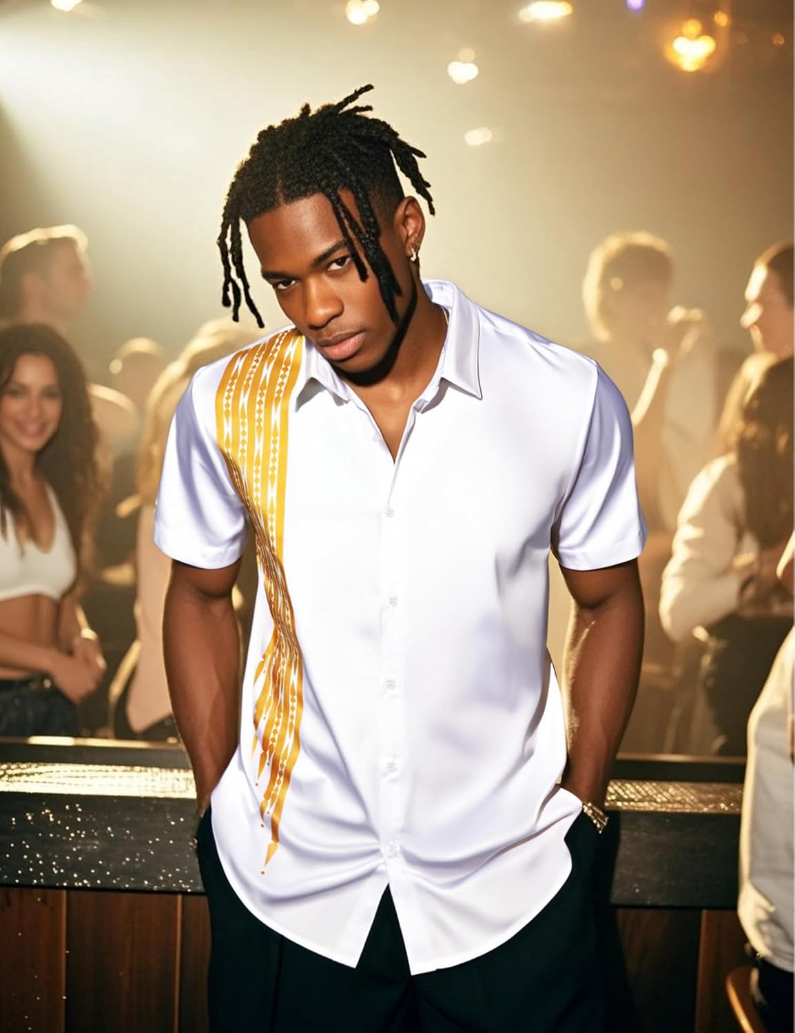 ZEROYAA Men's Africa Style Bronzing Short Sleeve Button Down Shirt Casual Party Dress Shirts - Image 2