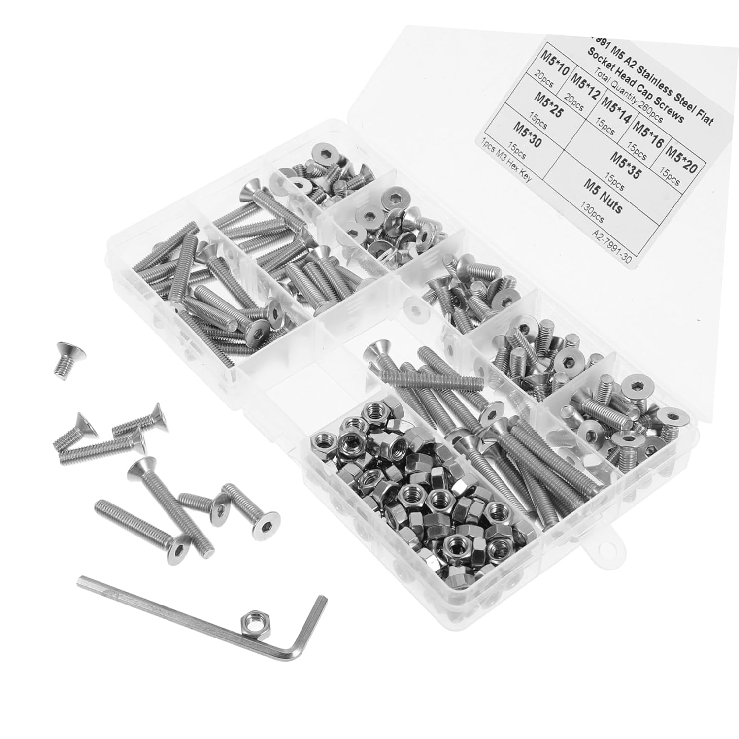 STOBAZA 260-Piece M5 Countersunk Screws and Nuts Assortment Kit Metric Bolt Set with Flat Washers for DIY Projects and Machine Repair Carbon Steel
