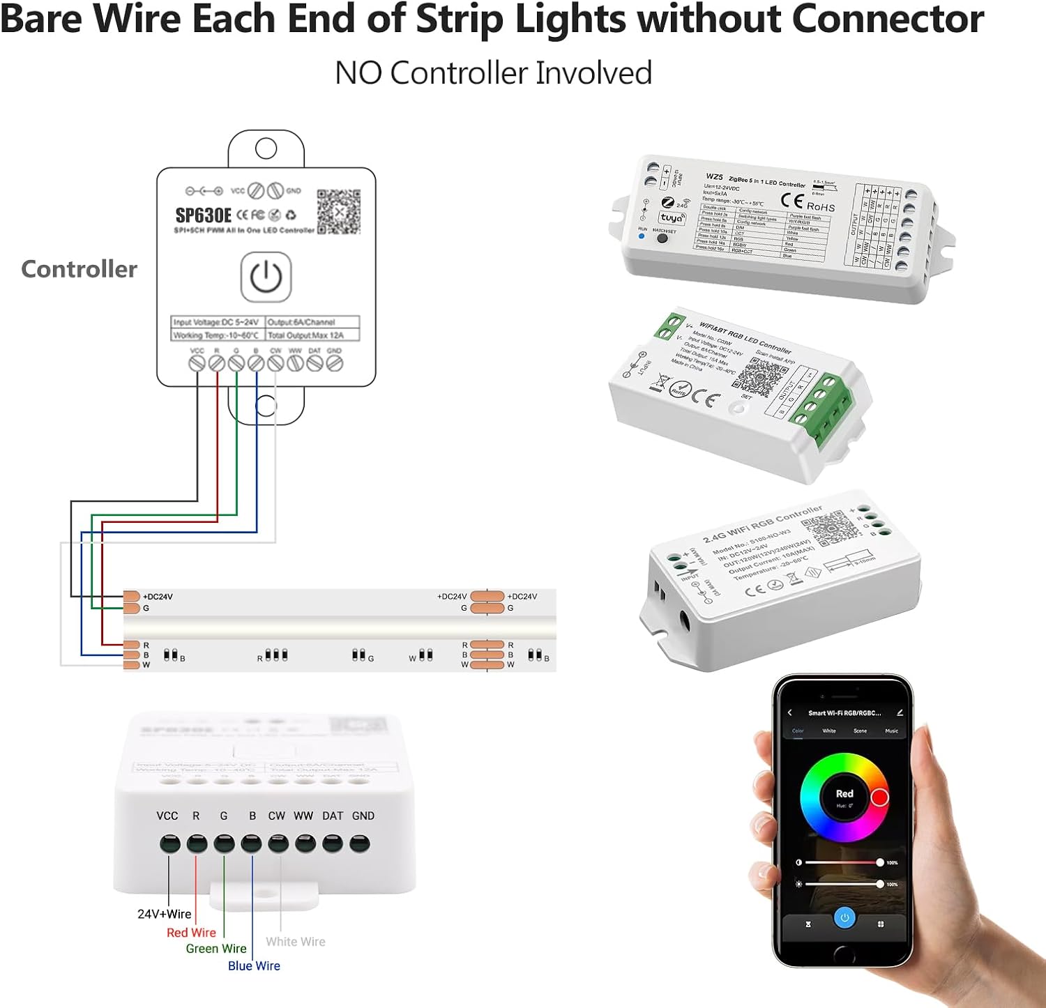 DC24V RGBW Led Lights Strip Remote Control - SP630E Smart Controller with RGBW Cob Led Strip Light, No Adapter,Power Supply