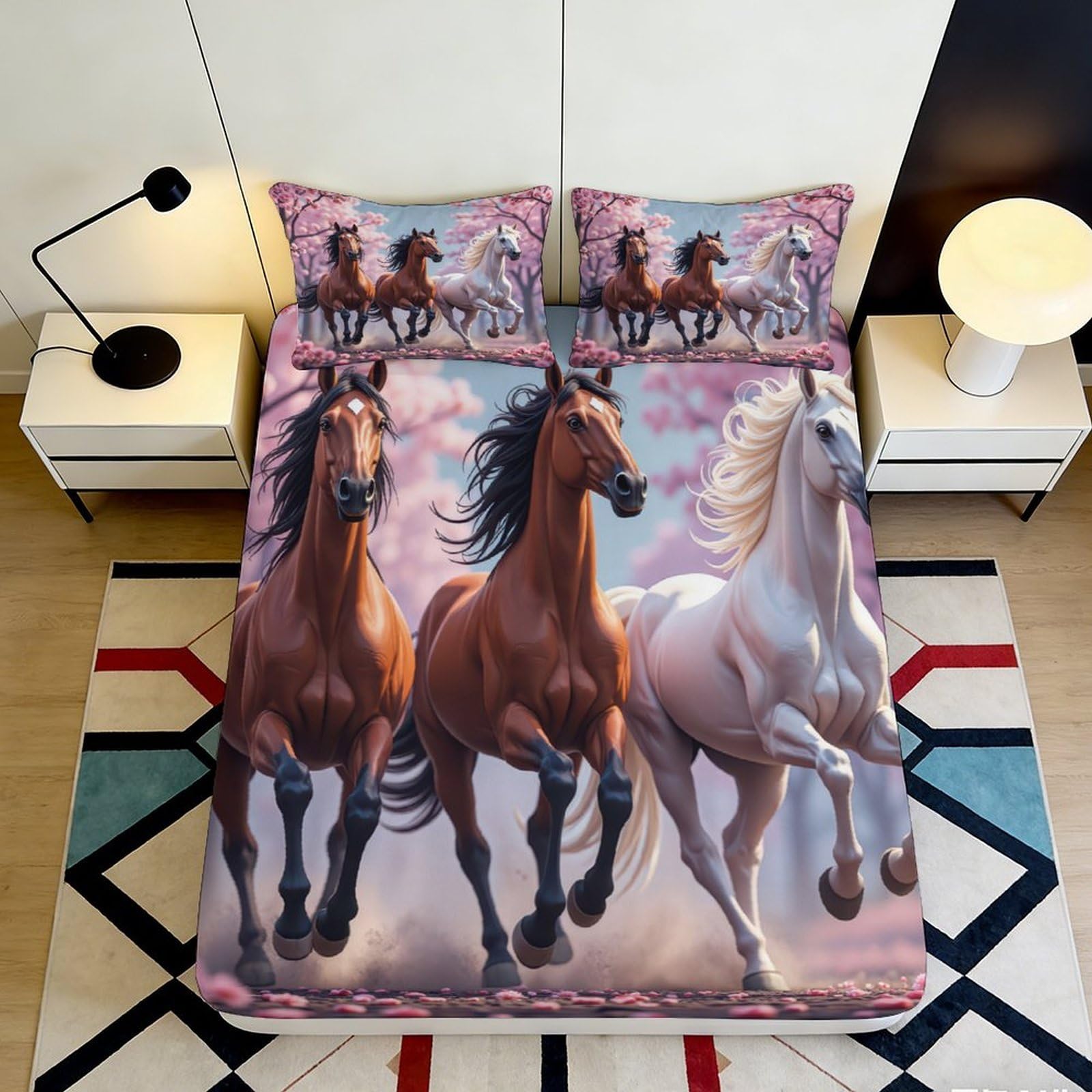 3D Printed Running Horses Fitted Sheet Microfiber Soft Breathable Galloping Horses Mattress Cover for Bedroom Dormitory Guest Room Mattress Protection Decor 160x200x25cm