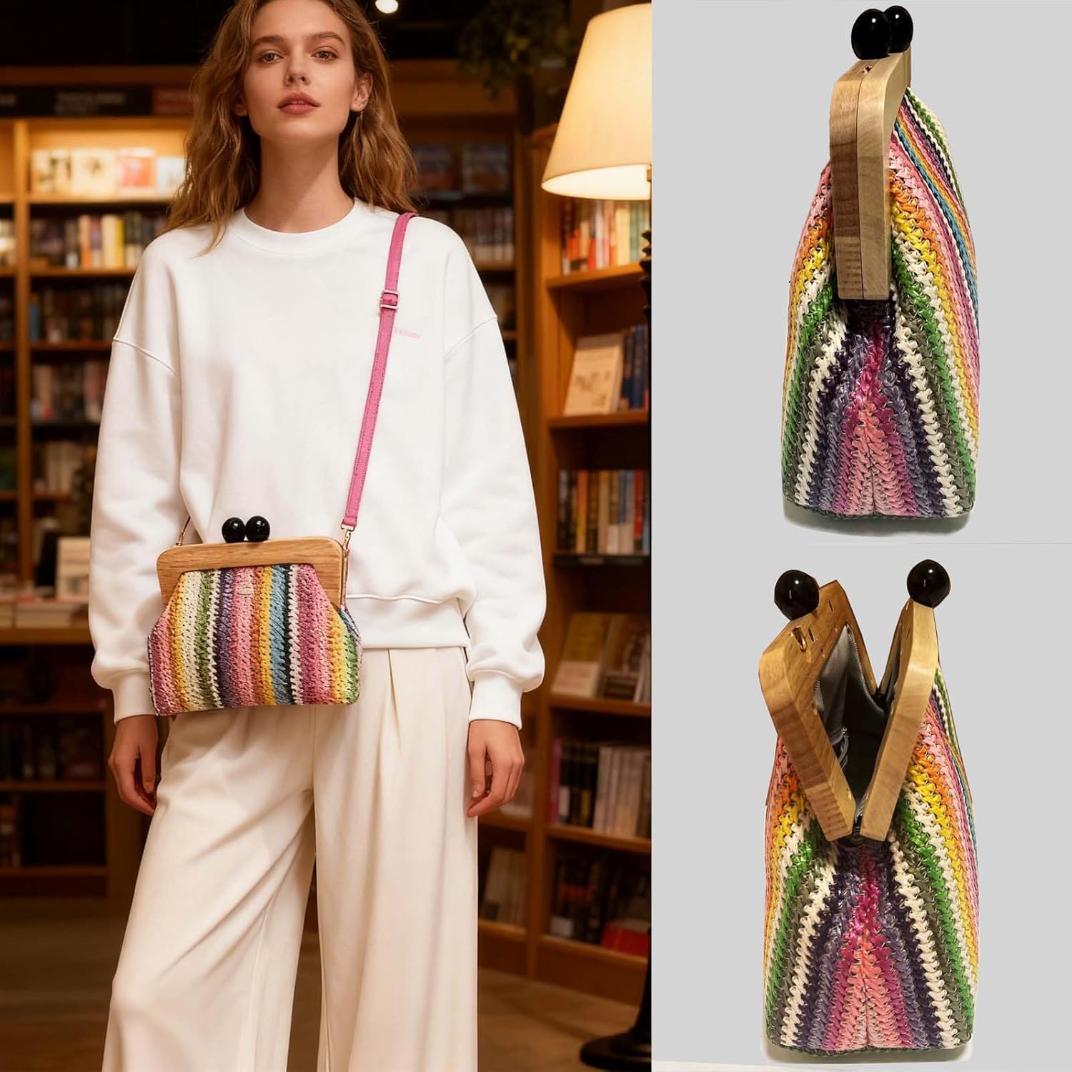 Straw Handbags for Women Vintage Purse Summer Beach Vacation Rattan Woven Travel Purse