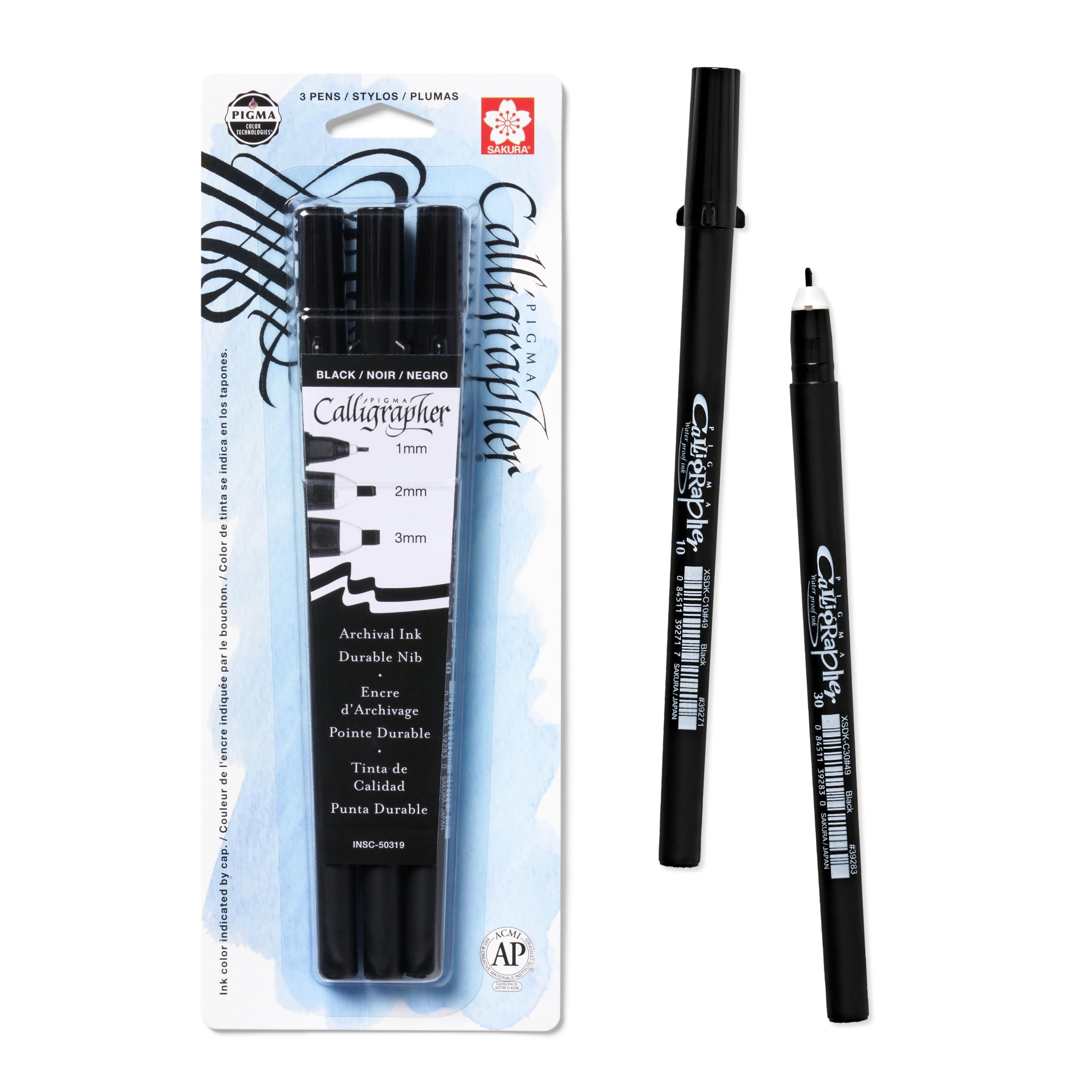 50319 3-Piece Pigma Blister Card Calligrapher Pen Set, Black
