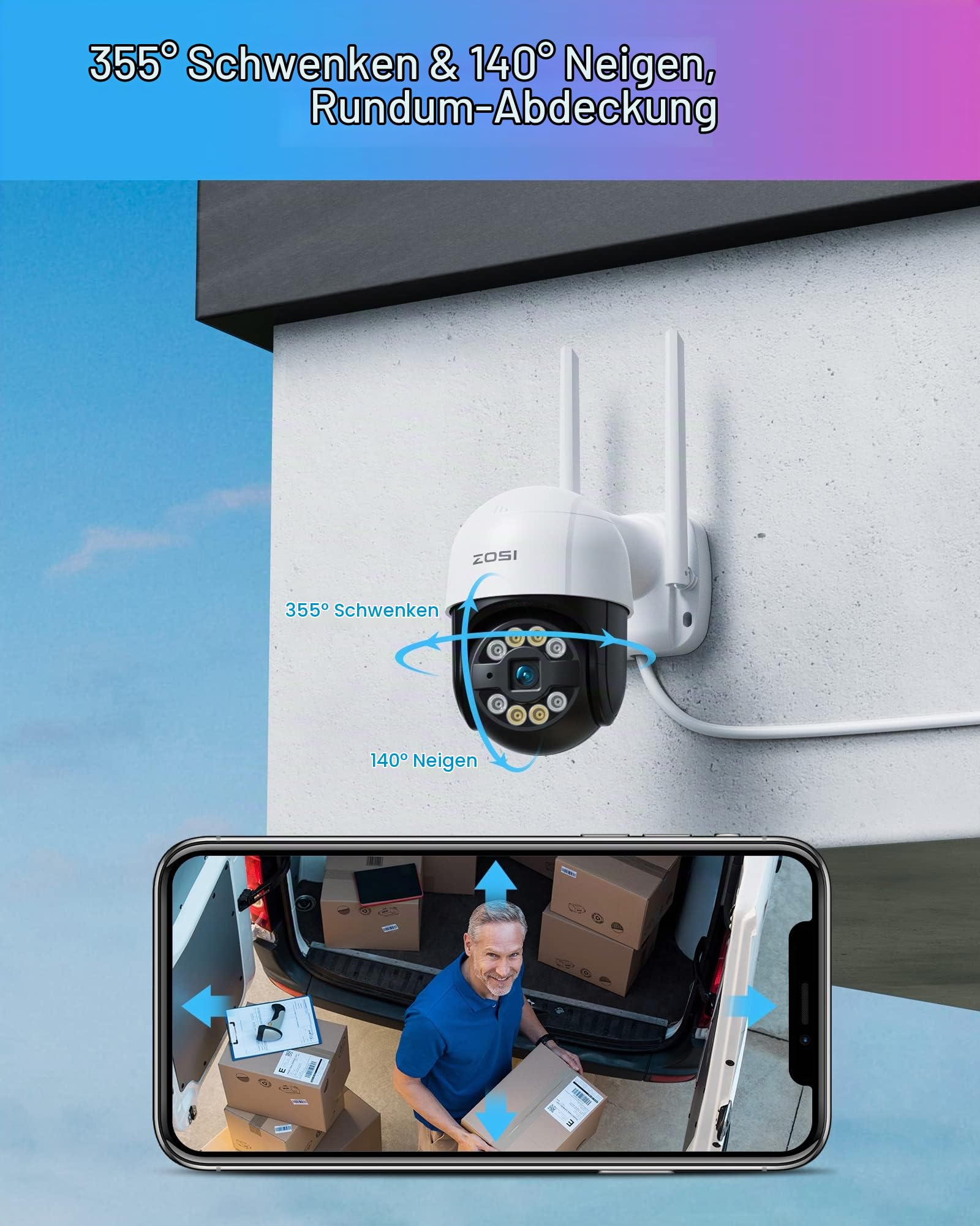 ZOSI 3MP Überwachungskamera Set WLAN Aussen, 4X Pan/Tilt IP Dome Kamera