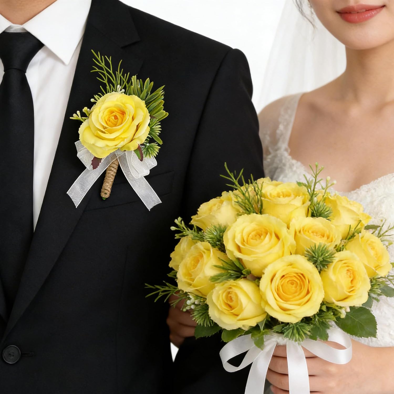 Yellow Boutonniere for Men, 6 Pcs Groom Groomsmen Boutonniere Rose Artificial Flowers for Wedding Prom Homecoming Mens Suit Decor (Light Yellow)