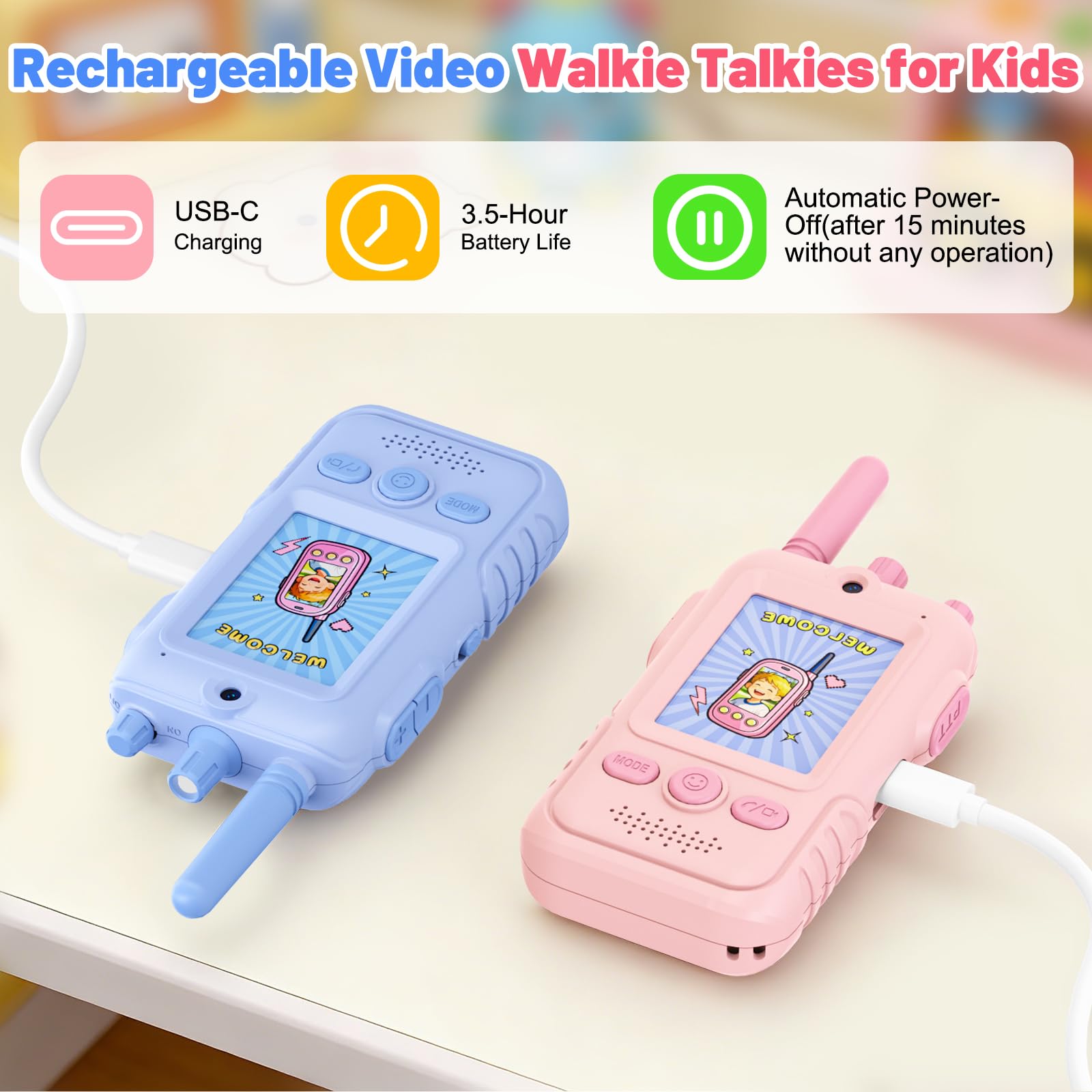 Video Walkie Talkie Bambini, 2 Walkie Talkie Ricaricabili con Display, Telecamera HD& Modificatore Vocale, Lunga Portata, Regalo per Bambini e Bambine dai 3 ai 12 Anni