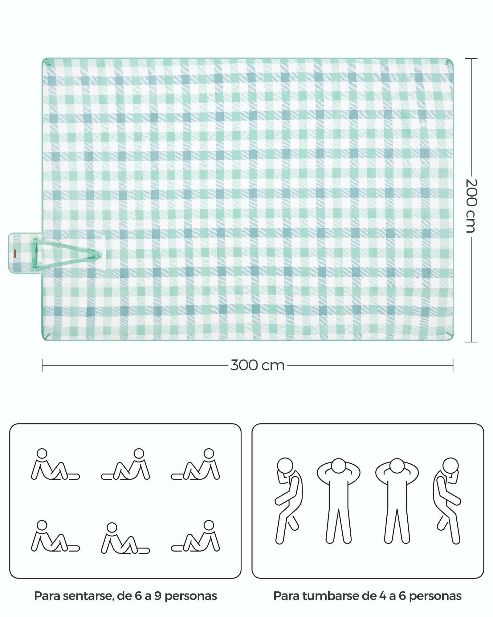 SONGMICS Manta de Picnic, 300 x 200 cm, 4 Pinzas a Prueba de Viento, Colchoneta Grande para Camping, Parque, Jardín, Playa, Fundo Impermeable, Plegable y Portátil, Verde y Blanco GCM012W03