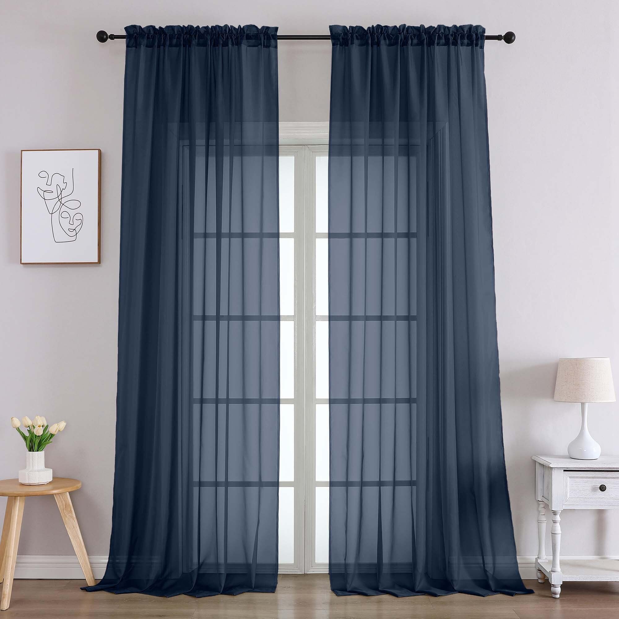 Chyhomenyc Navy Blue Sheer Curtains 96 Inches Long 2 Panels, Light Filtering Navy Blue Curtains for Living Room, Soft Gentle Voile Rod Pocket Bedroom Window Drapes, 59Wx96L Inch, 2PCS