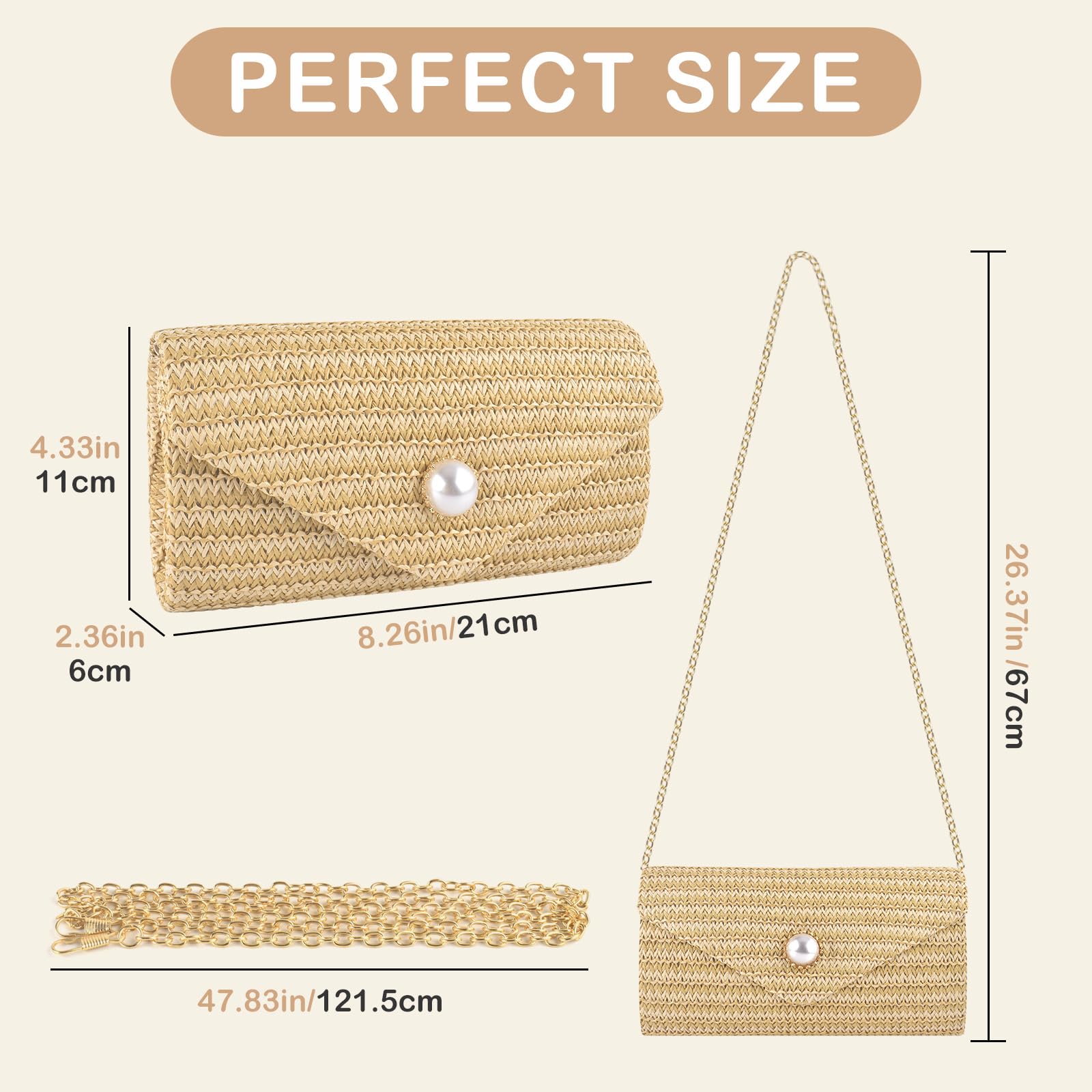 PACETAP Bolso de mano de paja para mujer, decoración de perlas, estilo bohemio, bolso cruzado para playa, viajes, vacaciones, fiesta, baile de graduación