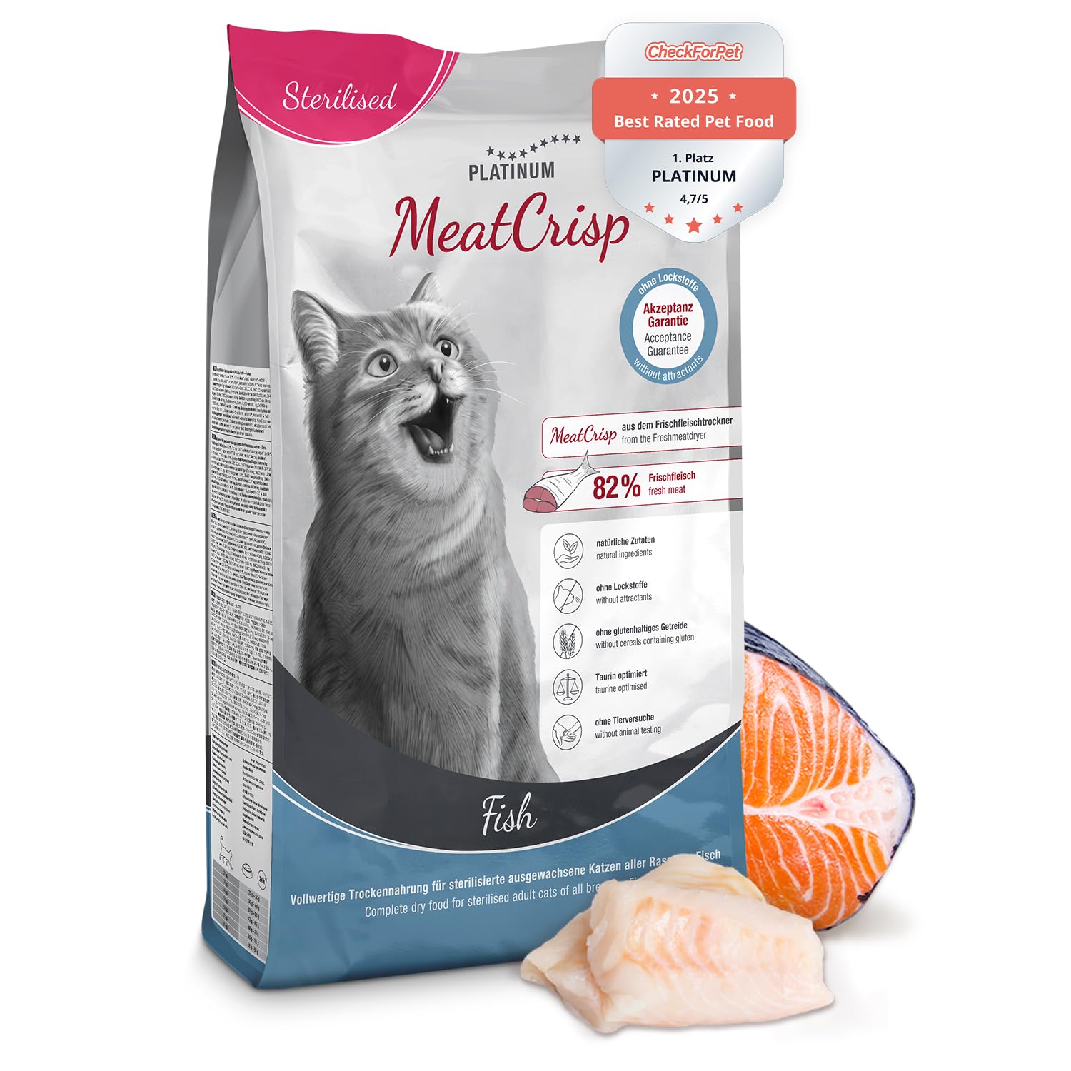PLATINUM - Katzenfutter MeatCrisp Sterilised Fish aus dem Frischfleischtrockner - 1,5kg Katzenfutter mit 82% Frischfleisch - Trockenfutter für Katzen - Crispy Biss - reduzierter Kaloriengehalt