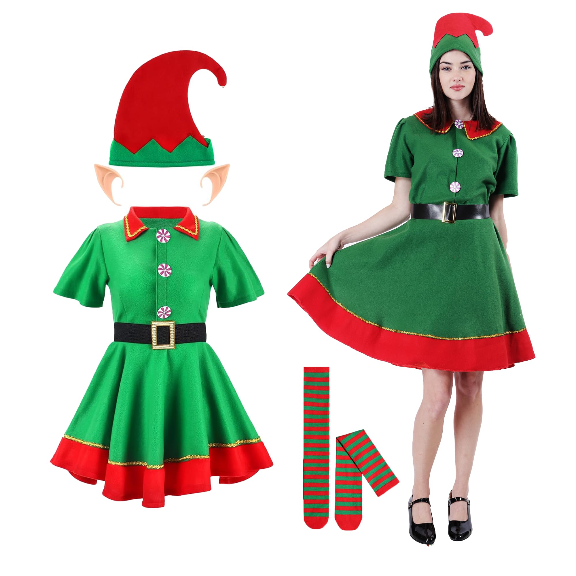 Carnavalife Disfraz Elfo Mujer Hombre Navidad Disfraz Elfo Niña Niño Disfraz Duende Navidad, Disfraz Navideño, Disfraz Navidad Adulto y Niños, Traje Ayudante Papanoel