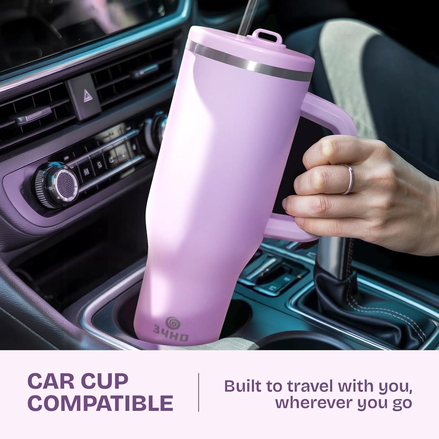 34HD 40 oz Stainless Steel Tumbler - Leakproof Insulated Water Bottle with Handle, Magnetic Lid and Flexible Straw - Iced for 48 Hours – Perfect for Men, Women, Birthday Gift, Purple - Lilac Bloom - Image 6